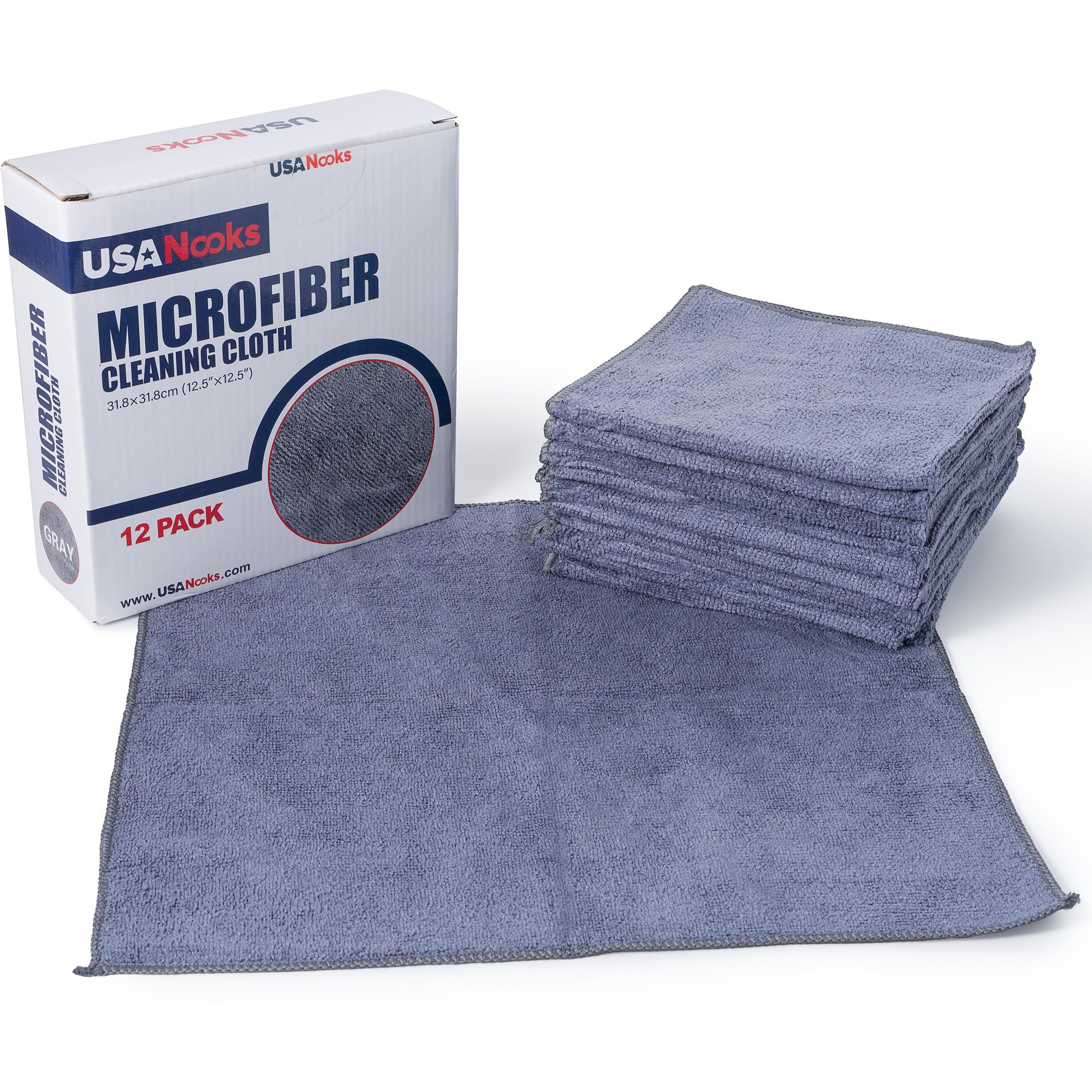 Usanooks Microfiber Cleaning Cloth Grey - 12 Pcs (12.5"&quotX12.5"") - High Performance - 1200 Washes, Ultra Absorbent Microfiber Towel Weave Grime & Liquid For Streak-Free Mirror Shine - Car Washing Cloth