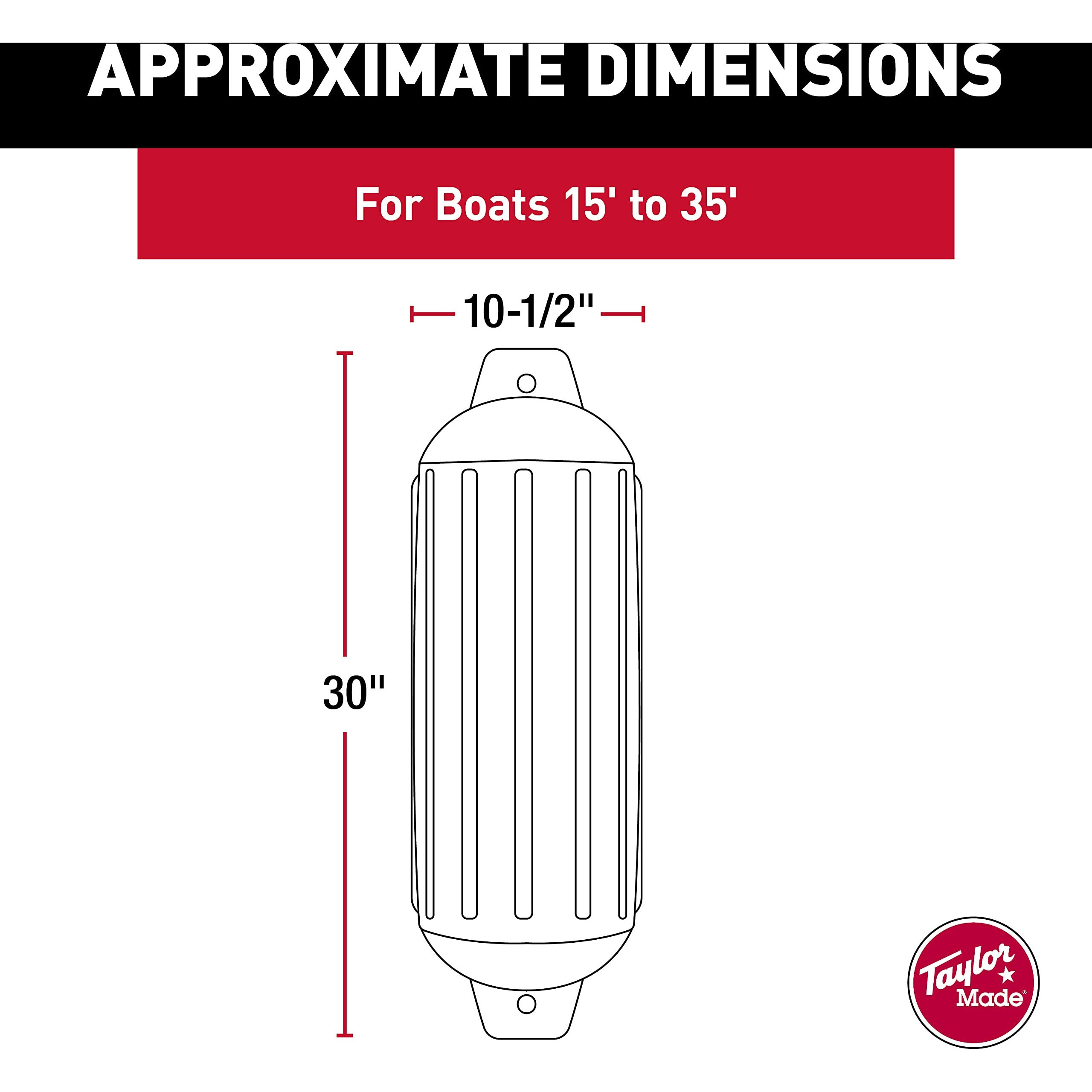 Taylor Made Super Gard Boat Fender, White (10.5"" X 30"") Double-Molded Ends, Ribbed Technology To Minimize Roll, Rubber Football Needle Inflation Valve, Marine-Grade Vinyl, 5/8"" Eyelets - 950128