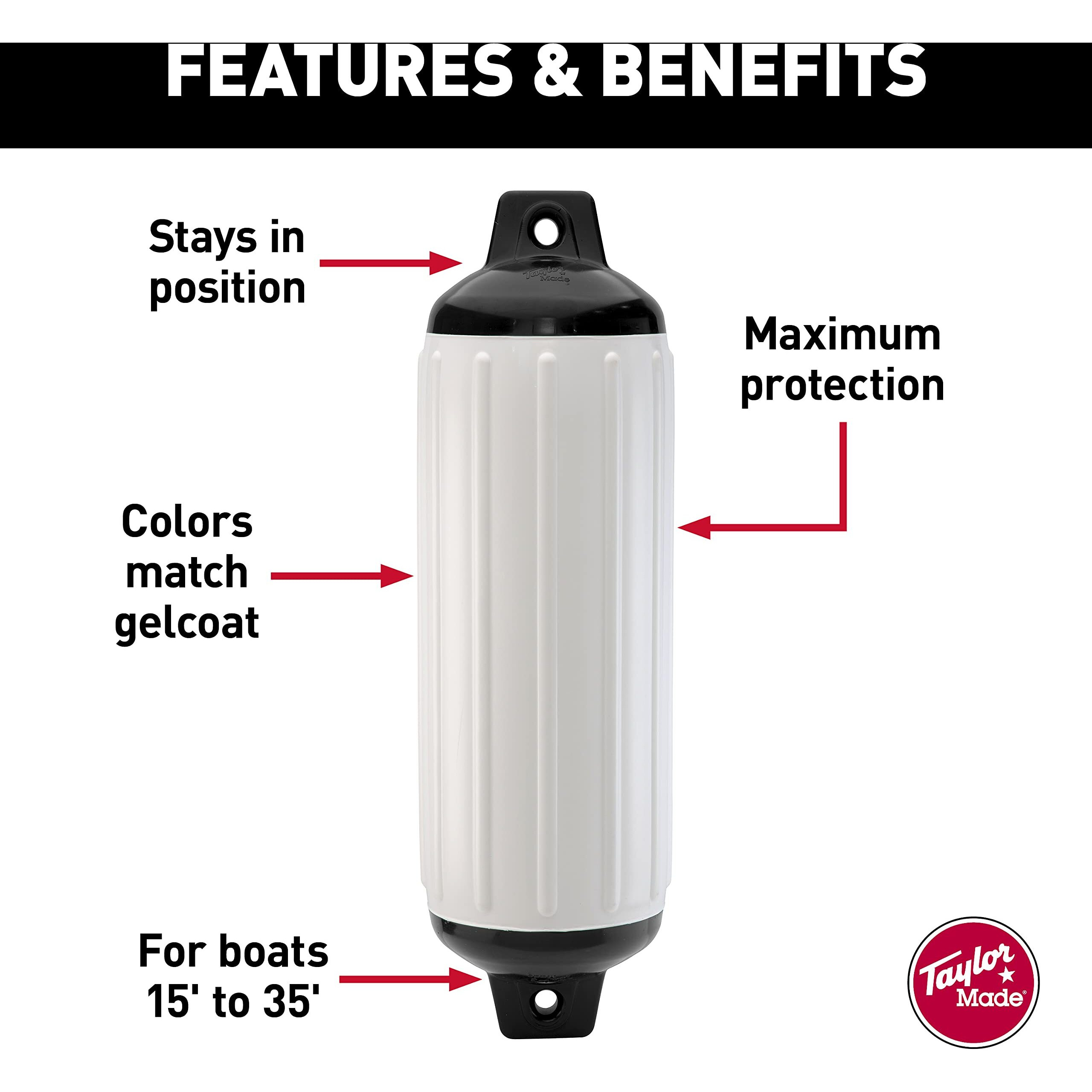 Taylor Made Super Gard Boat Fender, White (10.5"" X 30"") Double-Molded Ends, Ribbed Technology To Minimize Roll, Rubber Football Needle Inflation Valve, Marine-Grade Vinyl, 5/8"" Eyelets - 950128