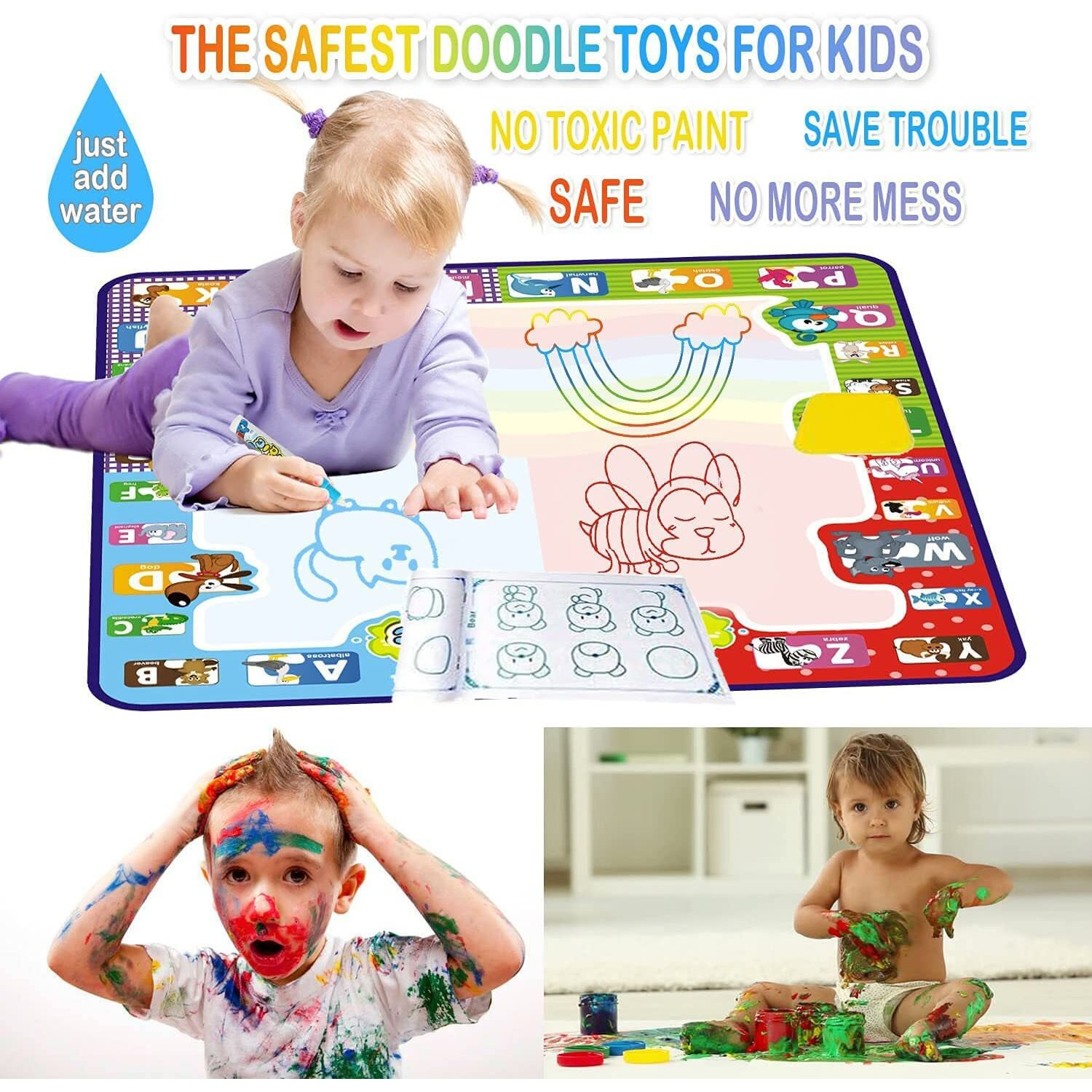 Kizzyea Educational Toy For 2 3 4 5 Years Old Kids, Water Doodle Mat, Kids Large Coloring Mat With Neon Colors, Christmas Birthday Gifts For Toddlers, Boys,Girls