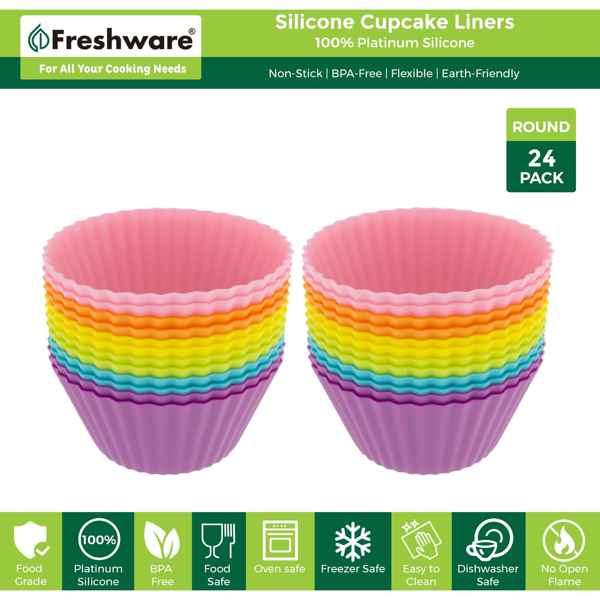Freshware Silicone Baking Cups [24-Pack] Reusable Cupcake Liners Non-Stick Muffin Cups Cake Molds Cupcake Holder In 6 Rainbow Colors, Standard Round