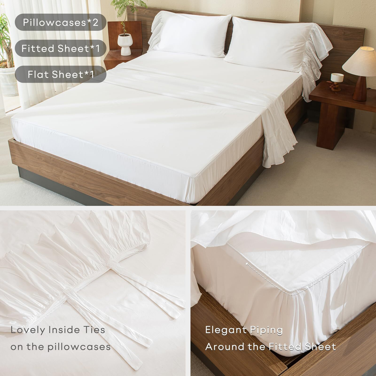 Queen's House White Ruffles Bed Sheet Set Cotton 4-Piece King Size-Style G