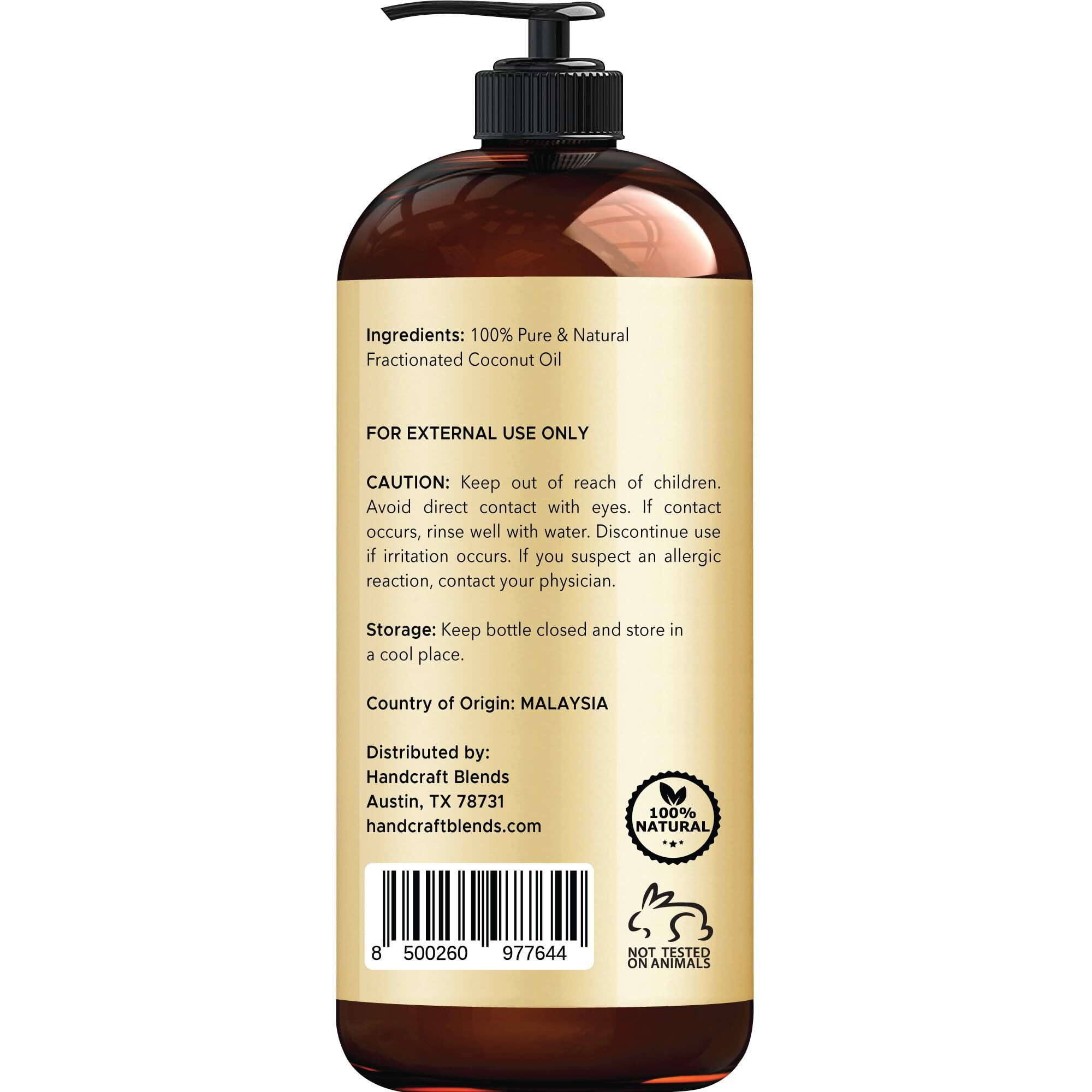 Handcraft Blends Fractionated Coconut Oil - 16 Fl Oz - 100% Pure And Natural - Premium Grade Oil For Skin And Hair - Carrier Oil - Hair And Body Oil - Massage Oil - Hair Tonic
