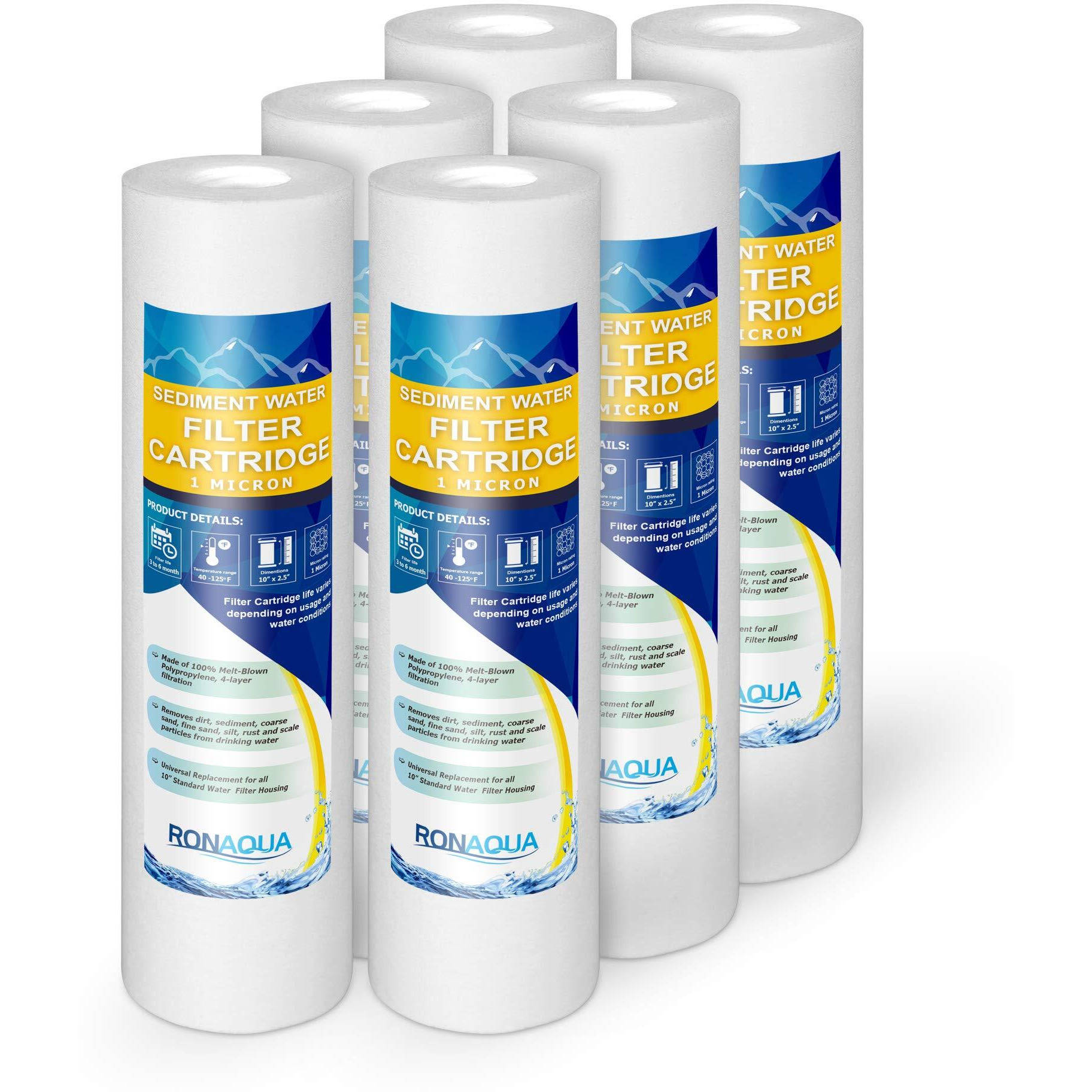 Sediment Water Filter Cartridge By Ronaqua 10"&quotX 2.5"", Four Layers Of Filtration, Removes Sand, Dirt, Silt, Rust, Made From Polypropylene (6 Pack, 1 Micron)