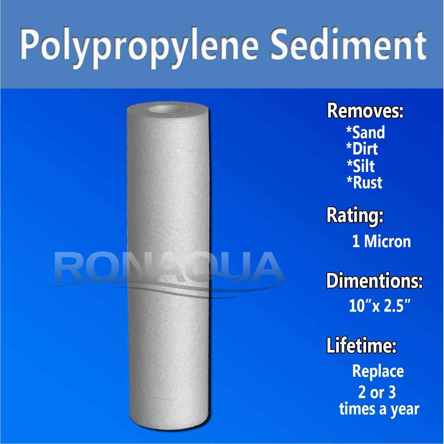 Sediment Water Filter Cartridge By Ronaqua 10"&quotX 2.5"", Four Layers Of Filtration, Removes Sand, Dirt, Silt, Rust, Made From Polypropylene (6 Pack, 1 Micron)