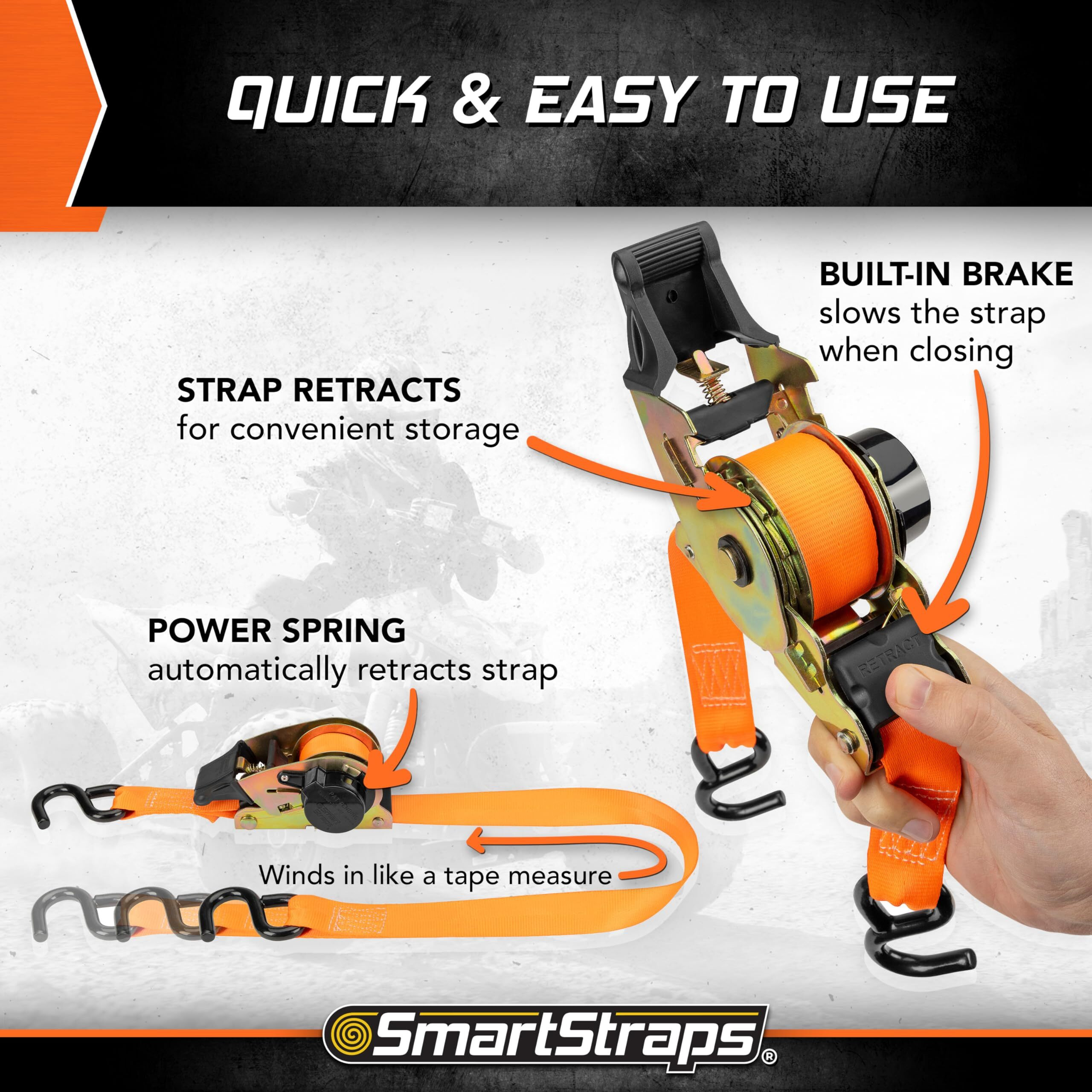 Smartstraps 10 Retractable Ratchet Straps, 2 Pack - 3,000Lb Break Strength, 1,000Lb Safe Work Load - Haul Motorcycles, Boats, And Appliances With Patented Technology Heavy Duty Ratchet Straps