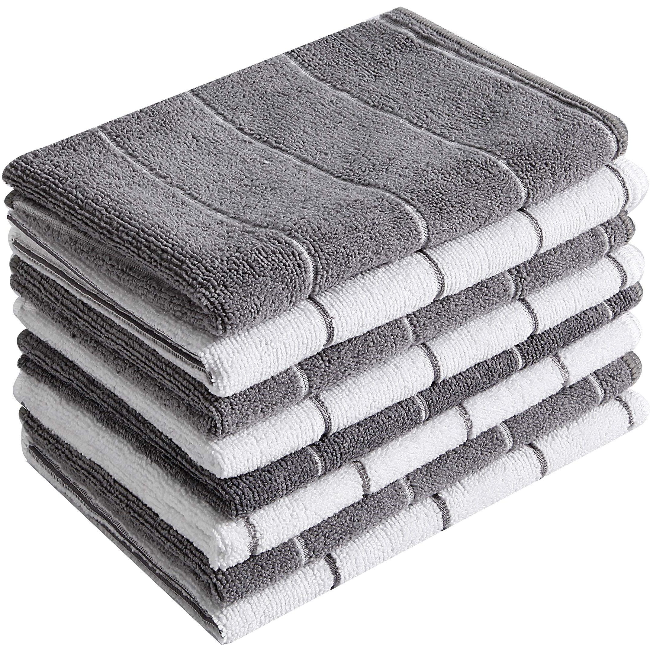 Microfiber Kitchen Towels - Super Absorbent, Soft And Solid Color Dish Towels, 8 Pack (Stripe Designed Grey And White Colors), 26 X 18 Inch