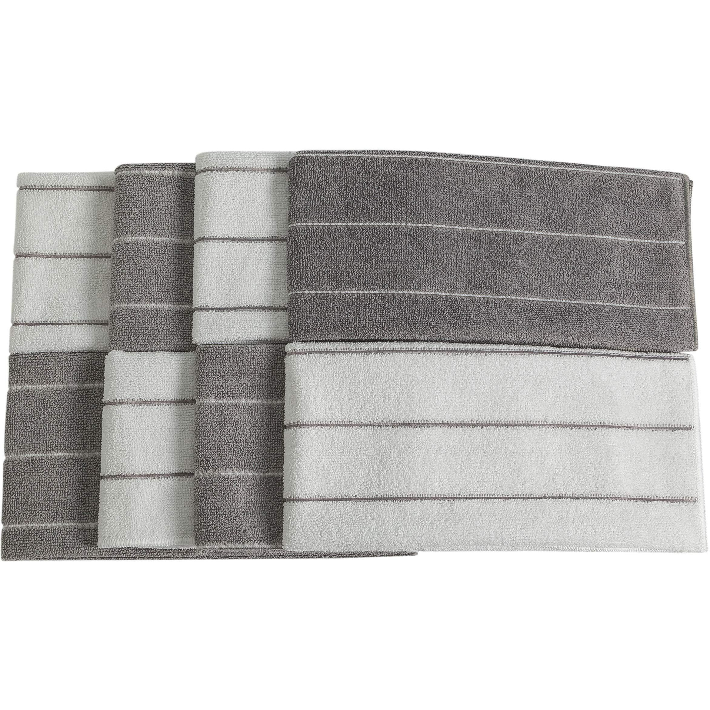 Microfiber Kitchen Towels - Super Absorbent, Soft And Solid Color Dish Towels, 8 Pack (Stripe Designed Grey And White Colors), 26 X 18 Inch