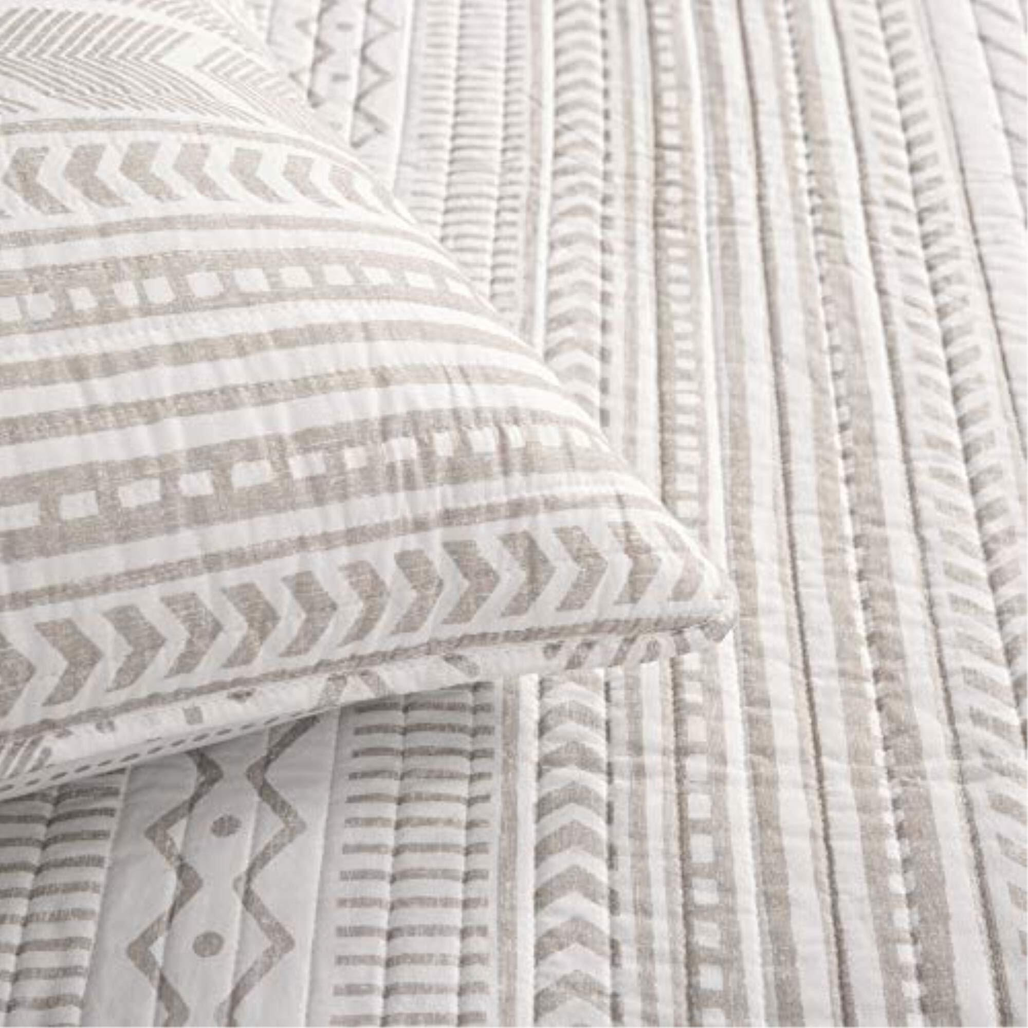 Lush Decor Hygge Geo Pattern Striped 3 Piece Quilt Bedding Set, Full/Queen, Taupe & White