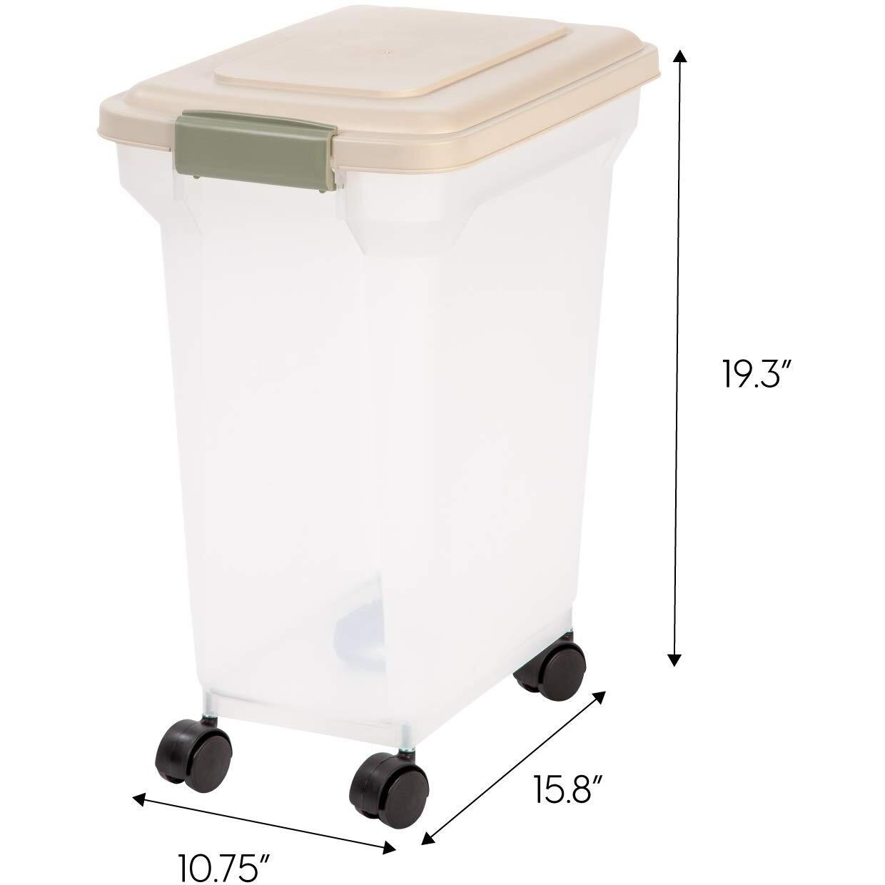 Iris Usa Weatherpro Airtight Dog Food Storage Container, Up To 22 Lbs, Attachable Wheels, For Dog Cat Bird And Other Pet Food Storage Bin, Keep Fresh, Translucent Body, Clear/Almond