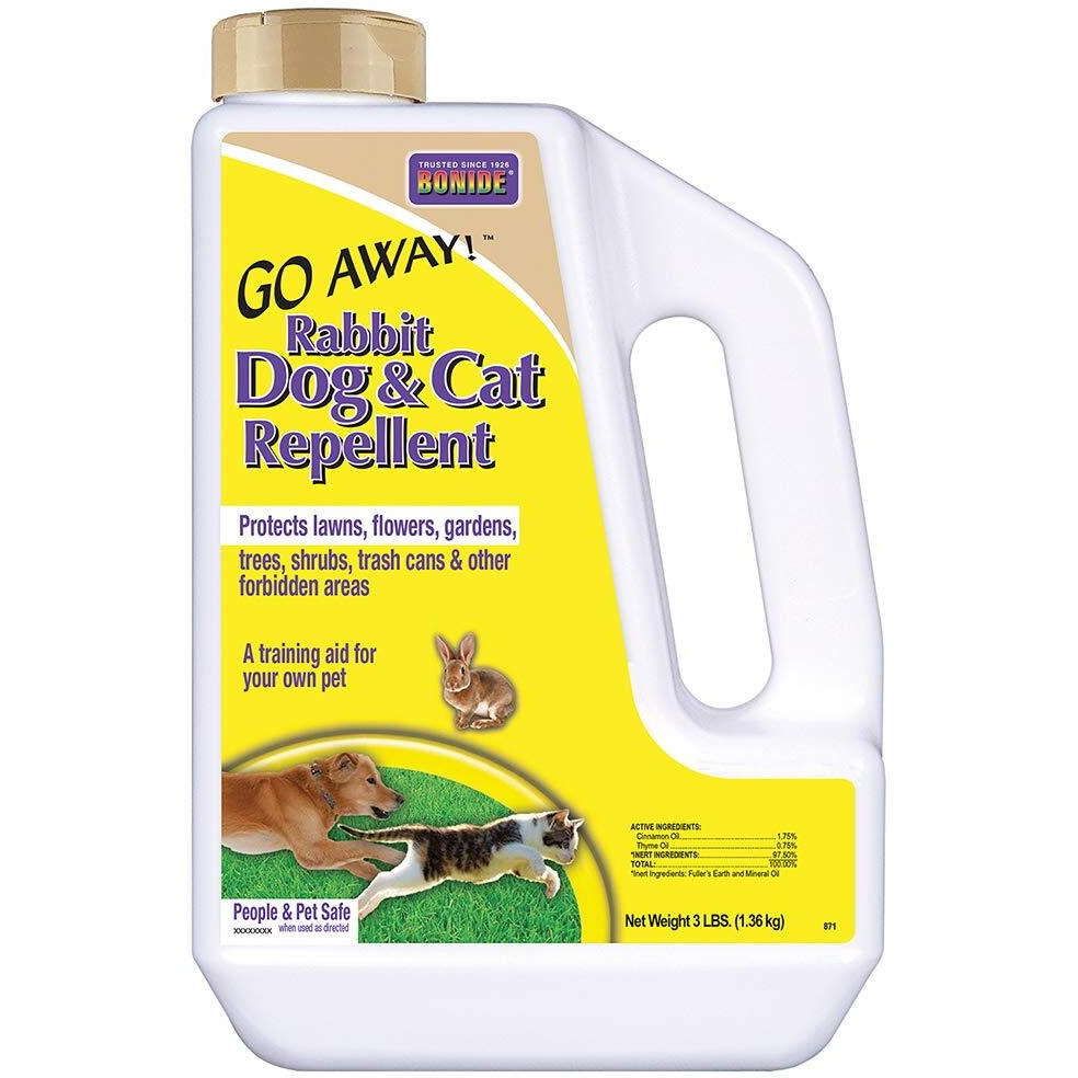 Bonide Go Away Rabbit, Dog, & Cat Repellent Granules, 3 Lbs Ready-To-Use, Keep Dogs Off Lawn, Garden, Mulch & Flower Beds