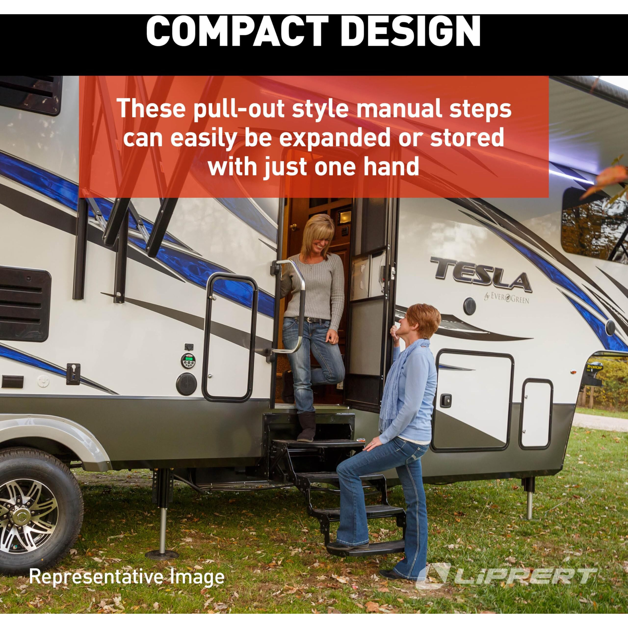 Lippert Radius 24"" Double Manual Rv Step Assembly, 8"" Rise, 300 Lbs. Anti-Slip Steps, Compact One-Hand Expand Or Collapse, Black Powder Coat, Travel Trailers, 5Th Wheels, Campers - 432682