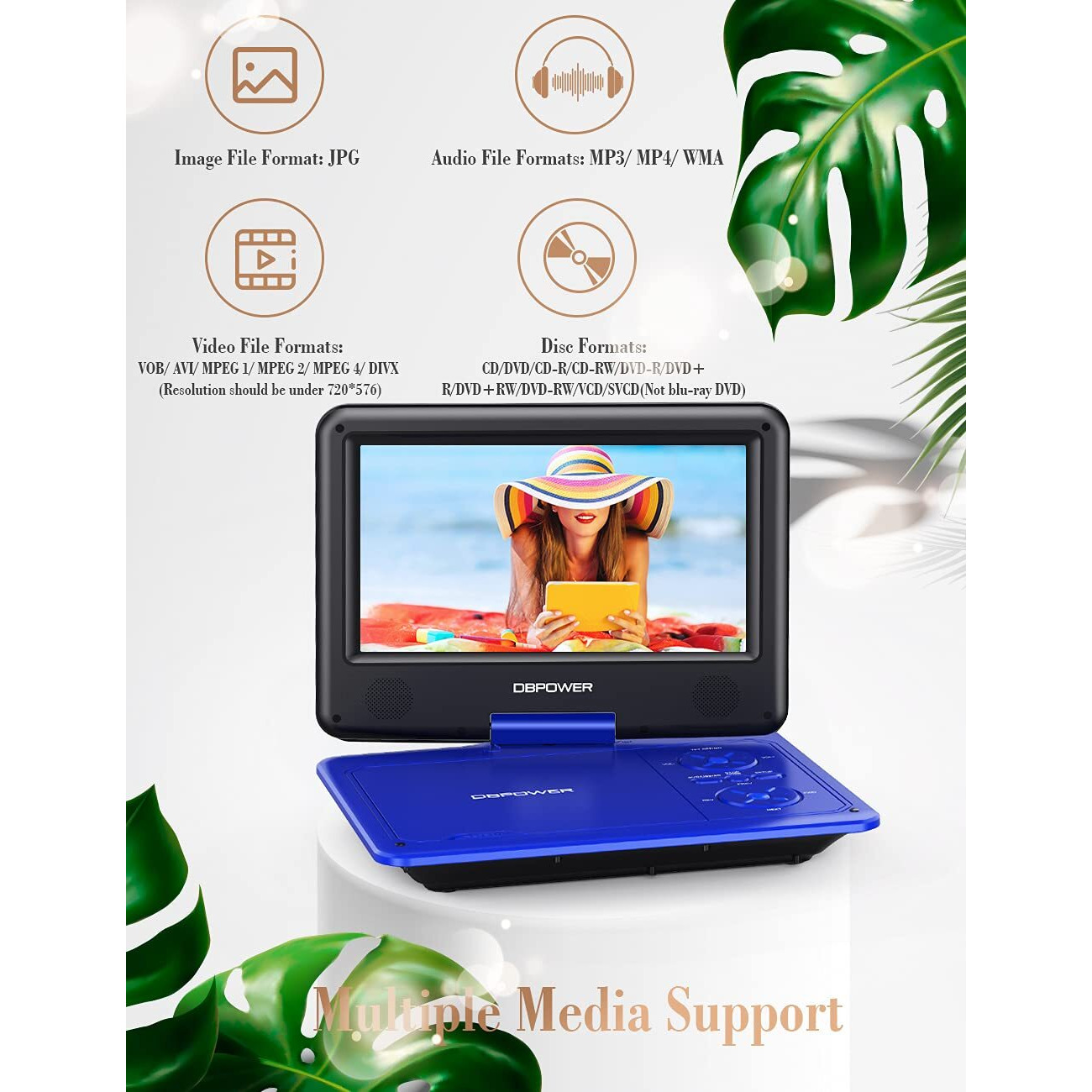 Dbpower 11.5"" Portable Dvd Player, 5-Hour Built-In Rechargeable Battery, 9"" Swivel Screen, Support Cd/Dvd/Sd Card/Usb, With Remote Control, 1.8M Car Charger, Power Adaptor And Car Headrest (Blue)