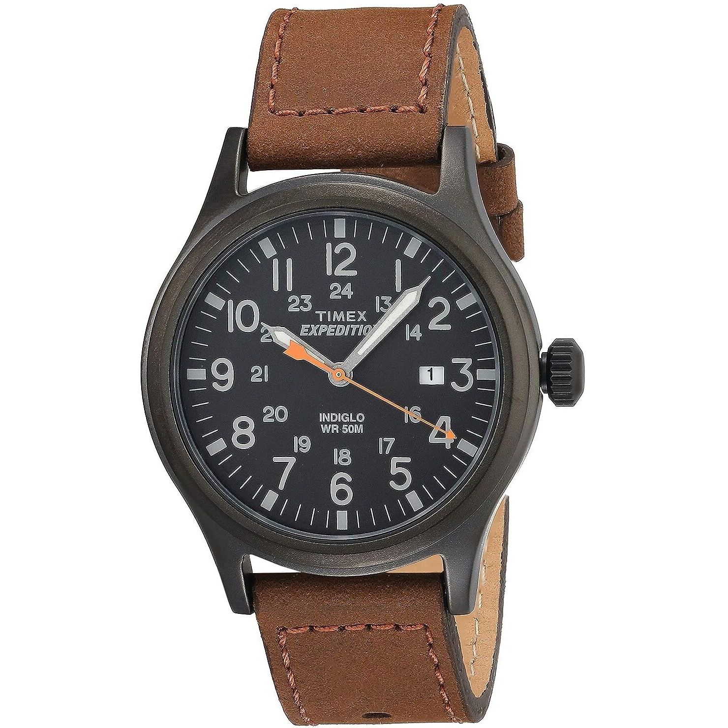 Timex Men's Expedition Scout 40Mm Watch - Black Case Black Dial With Brown Leather Strap