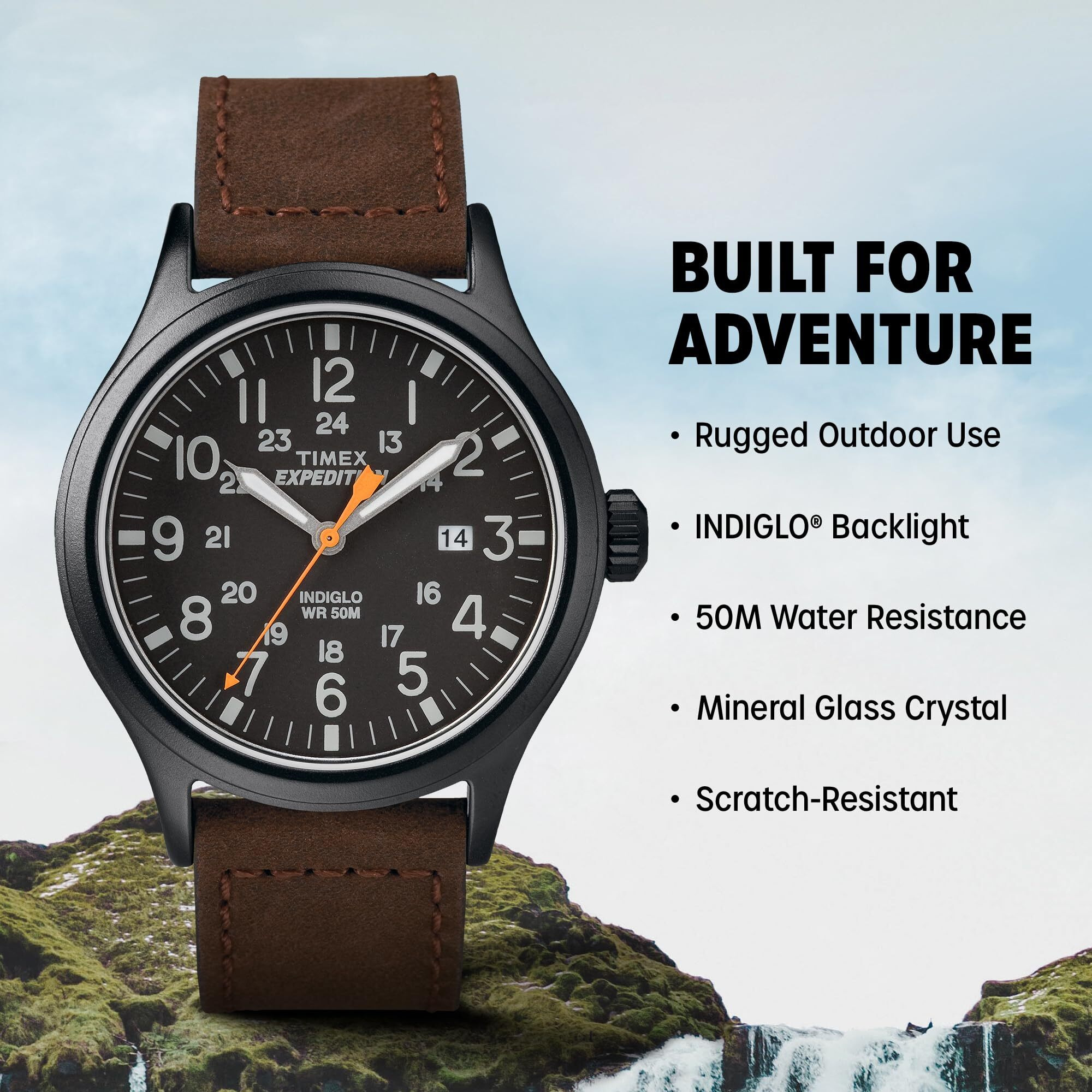 Timex Men's Expedition Scout 40Mm Watch - Black Case Black Dial With Brown Leather Strap