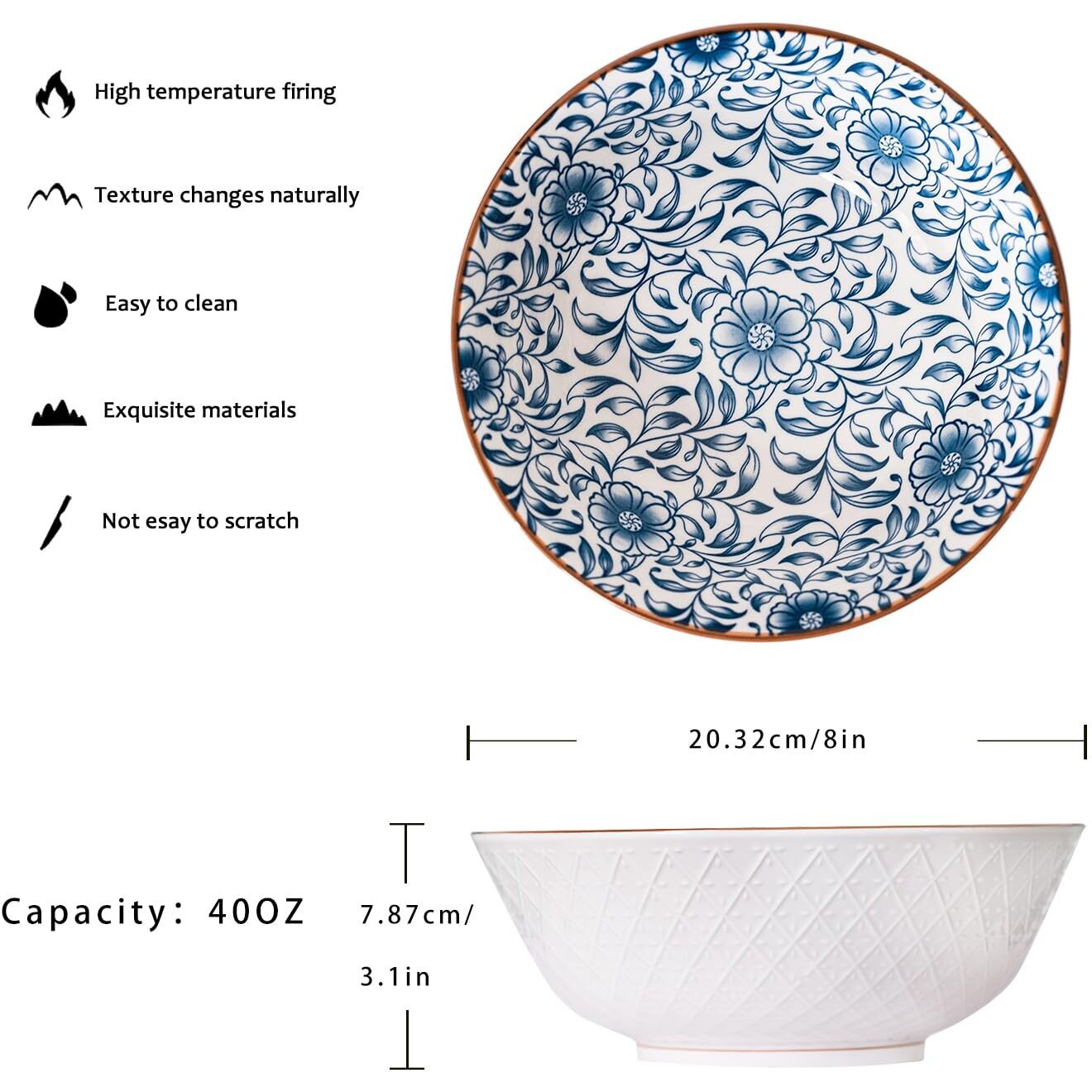 Yalong 8 Inch 40 Ounce Ceramic Bowls For Kitchen Deep Soup Pho Bowls, Blue White Large Porcelain Salad Bowls Set For Ramen Pasta Cereal Dessert Stackable Deep Noodle Serving Bowls Set Of 4