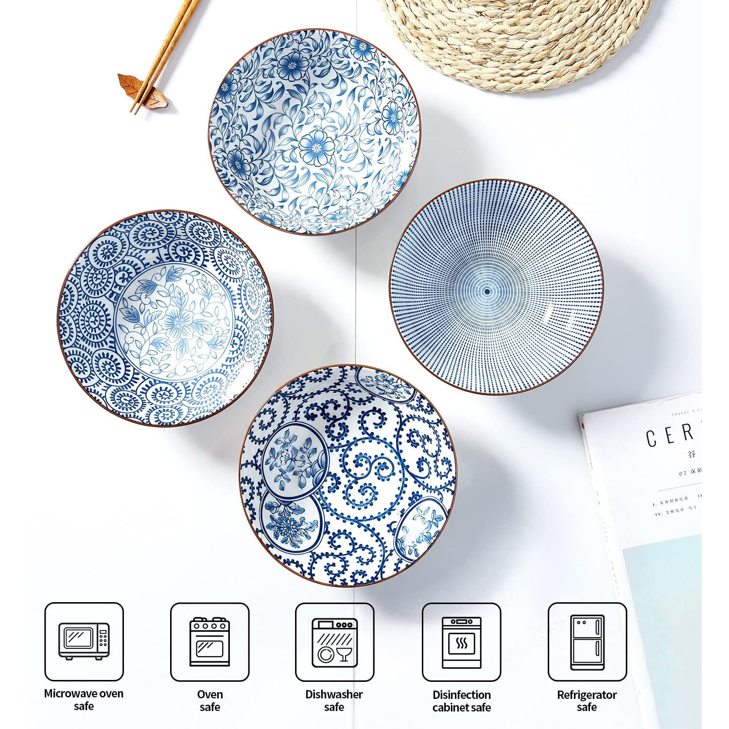 Yalong 8 Inch 40 Ounce Ceramic Bowls For Kitchen Deep Soup Pho Bowls, Blue White Large Porcelain Salad Bowls Set For Ramen Pasta Cereal Dessert Stackable Deep Noodle Serving Bowls Set Of 4