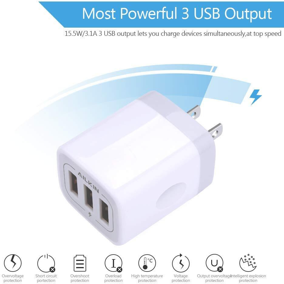 Usbwall Charger Cube Ailkin 3.1A 3-Muti Port Adapter Power Plug Charging Station Box Base For Iphone 14 13 12 Pro Max Mini Se 11 Pro Max/X/8/7/6S, Samsung Phones Usb Charging Block