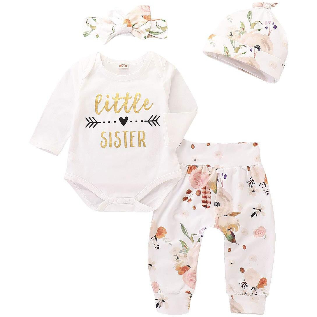 4Pcs Infant Girl Outfits Baby Sister Bodysuit Tops Floral Leggings Pants Set Bowknot Headbands Newborn Clothes (Little Sister,0-3 Months)