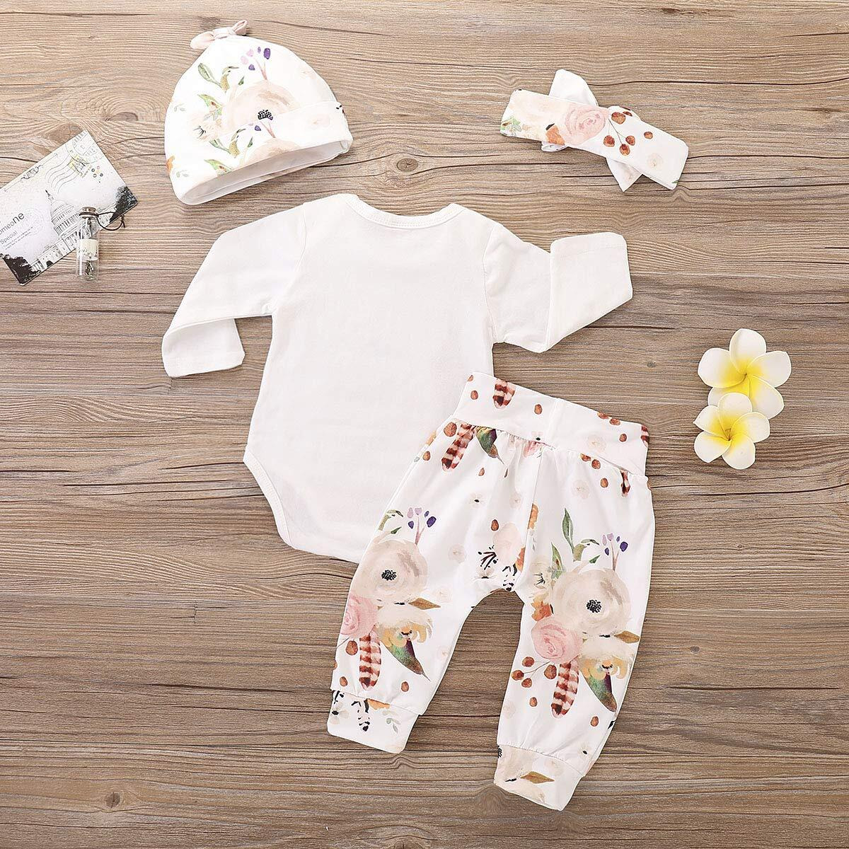 4Pcs Infant Girl Outfits Baby Sister Bodysuit Tops Floral Leggings Pants Set Bowknot Headbands Newborn Clothes (Little Sister,0-3 Months)