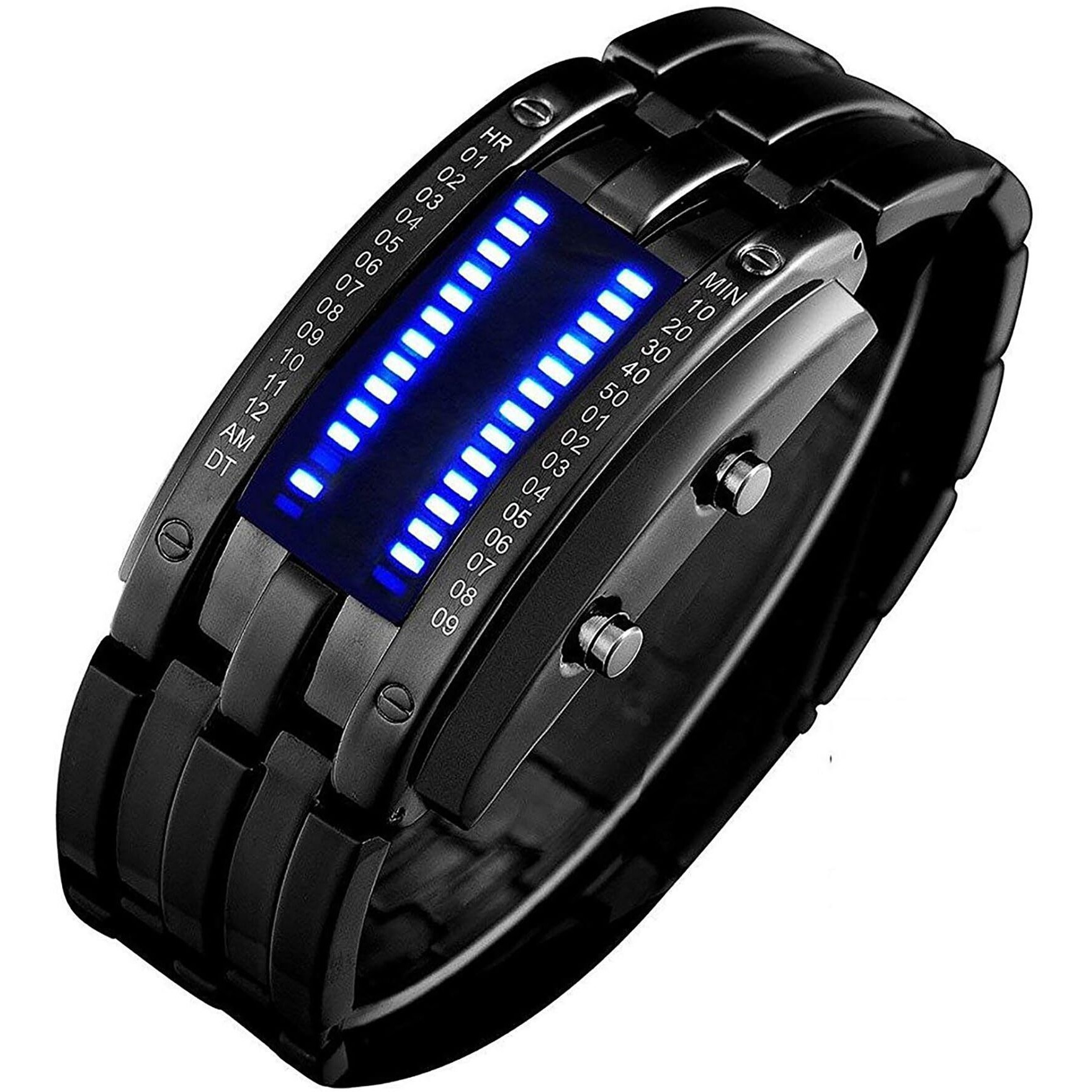 Gosasa Mens Binary Matrix Digital Watch Blue Led Classic Black Plated Bracelet Business Casual Waterproof Stainless Steel Watches (Black)