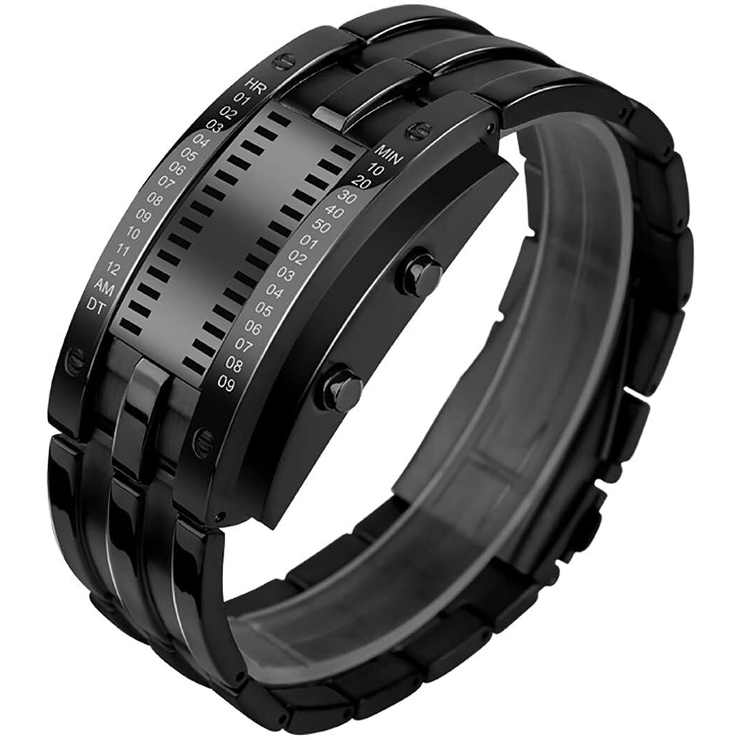 Gosasa Mens Binary Matrix Digital Watch Blue Led Classic Black Plated Bracelet Business Casual Waterproof Stainless Steel Watches (Black)
