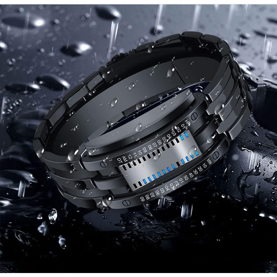 Gosasa Mens Binary Matrix Digital Watch Blue Led Classic Black Plated Bracelet Business Casual Waterproof Stainless Steel Watches (Black)