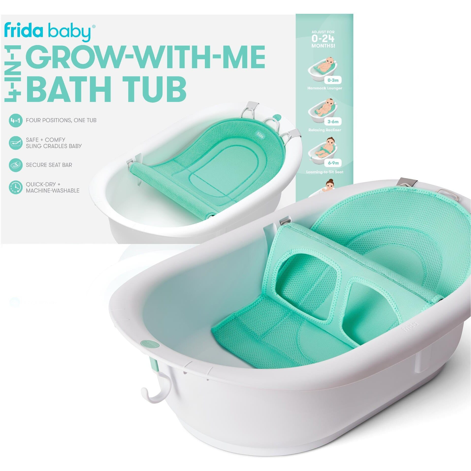 Frida Baby 4-In-1 Grow-With-Me Baby Bathtub, Baby Tub For Newborns To Toddler With Removable Bath Seat & Backrest For Bath Support In Tub