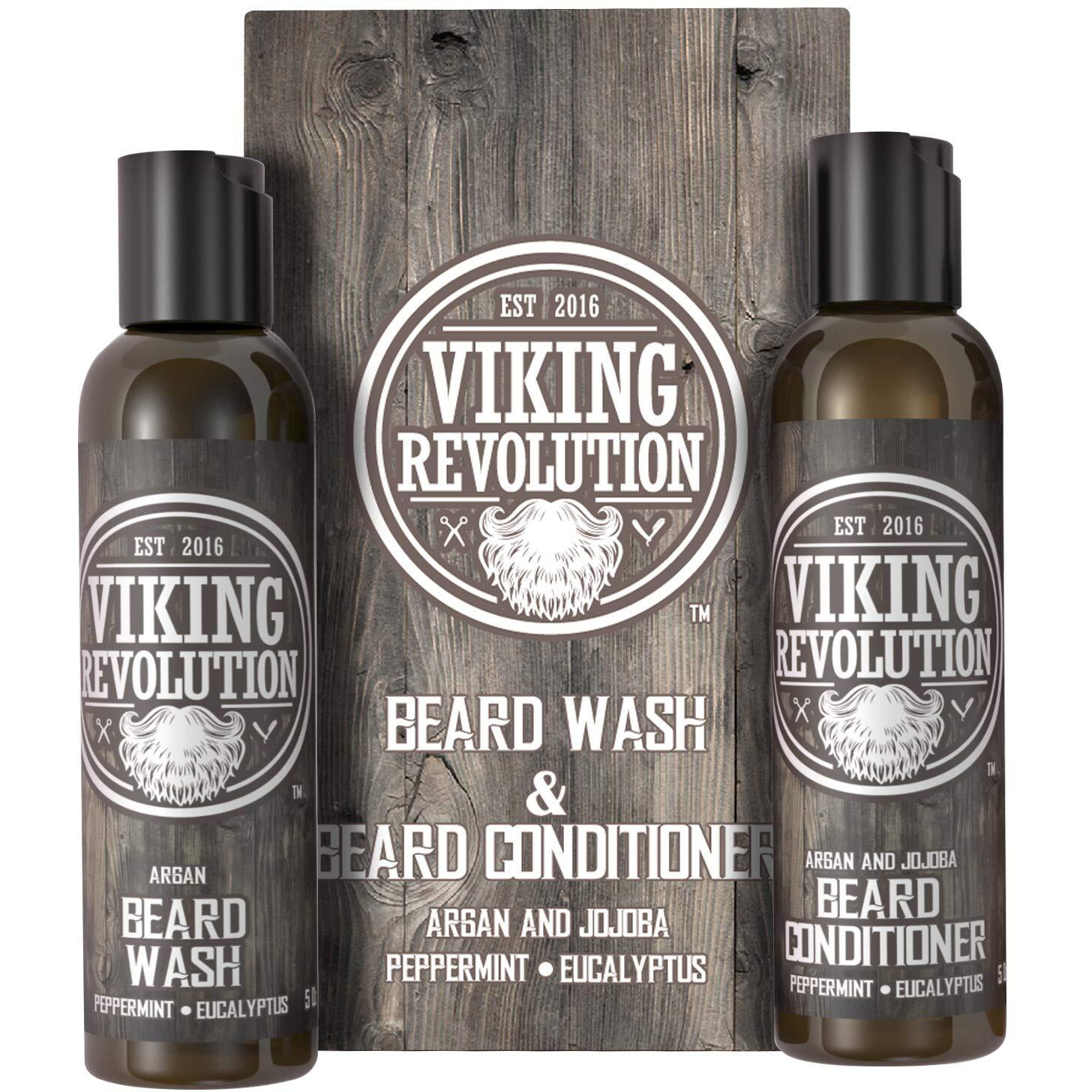 Viking Revolution Beard Care Set With Argan & Jojoba Oils - Softens, Smooths & Nourishes Facial Hair Growth - Peppermint And Eucalyptus Scented Wash & Conditioner (5 Oz)