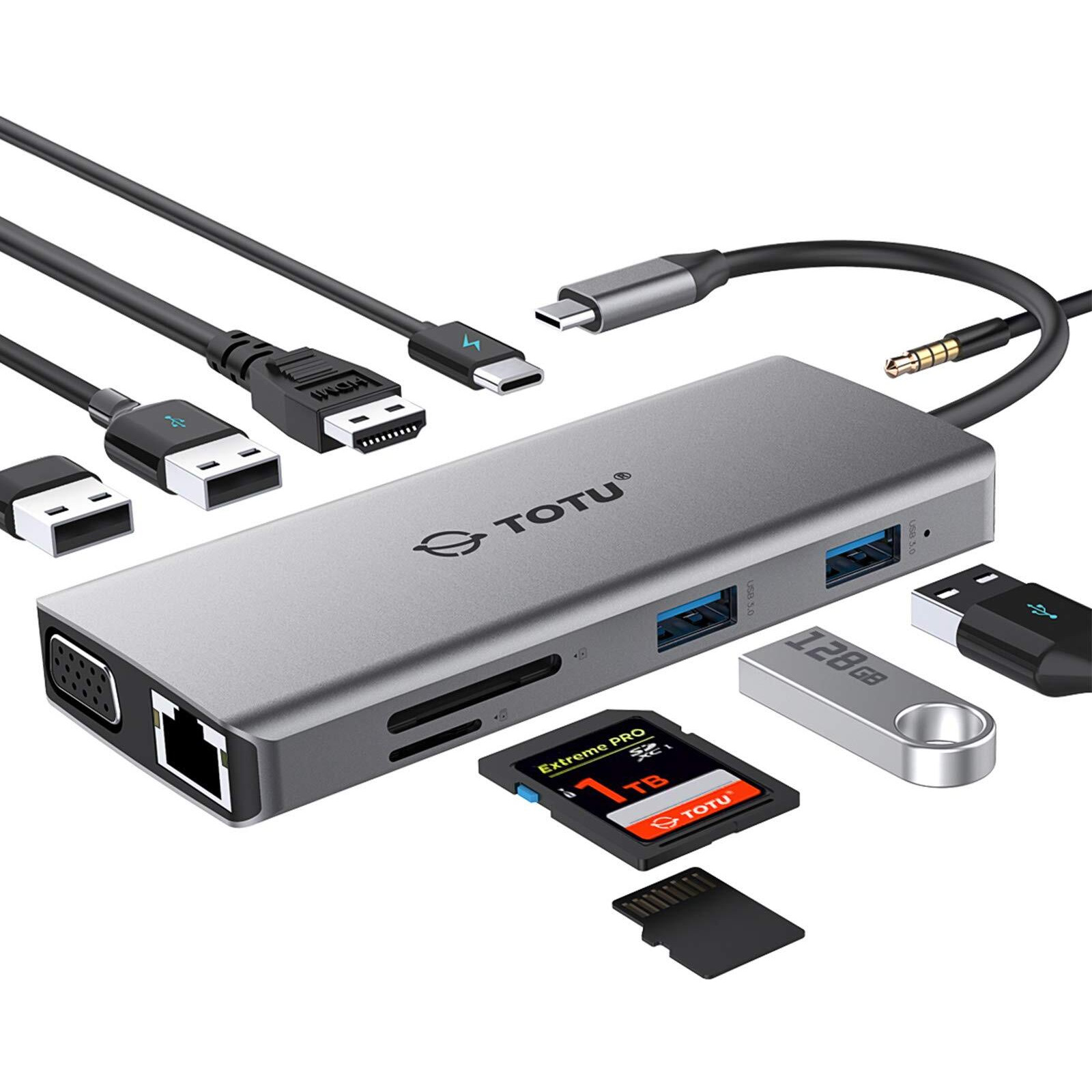 Usb C Hub, Type C Hub, Totu 11-In-1 Adapter With Ethernet, 4K Usb C To Hdmi, Vga, 2 Usb3.0 2 Usb2.0, Micro Sd/Tf Card Reader, Mic/Audio, Usb-C Pd 3.0, Compatible For Mac Pro And Other Type C Laptops
