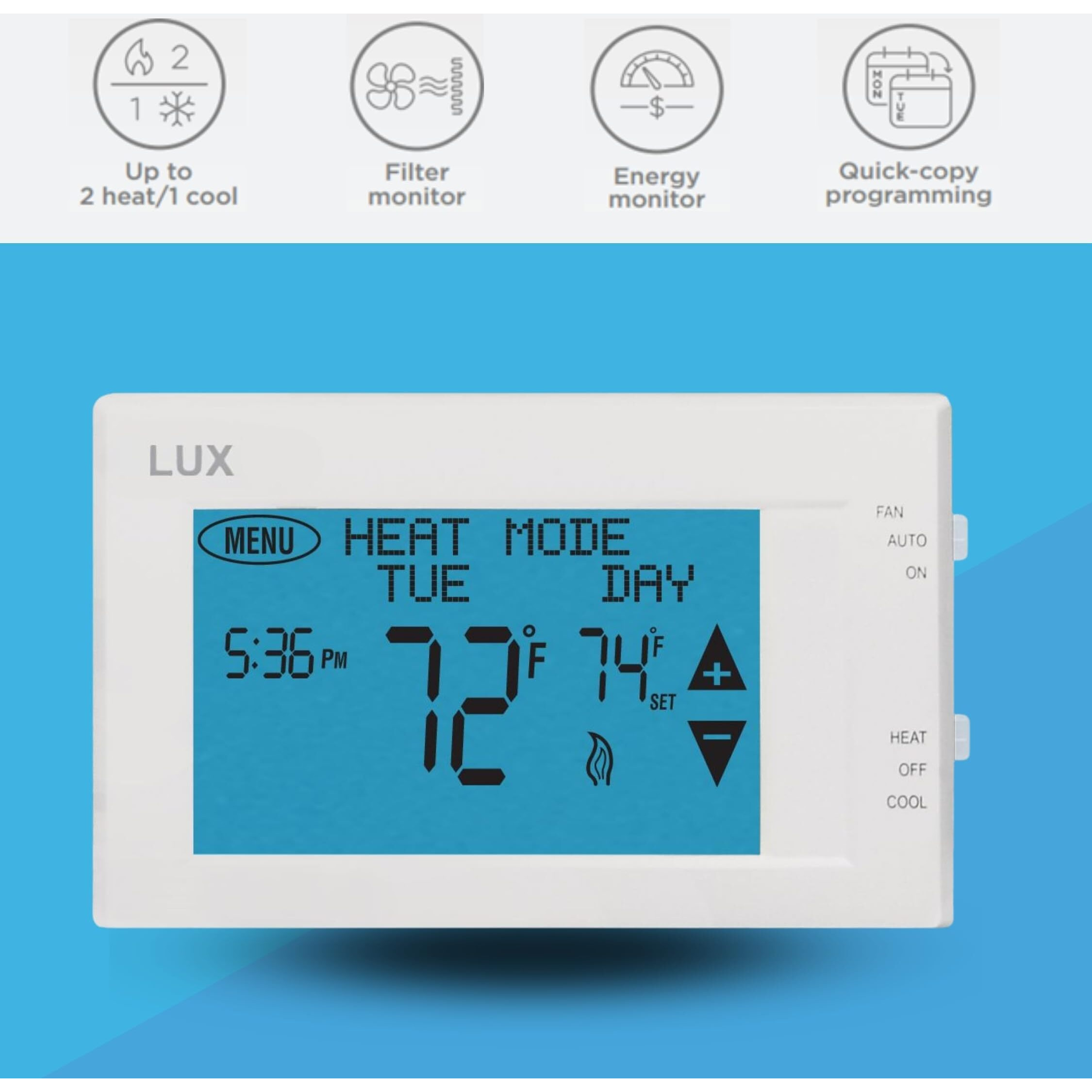 Lux Products Tx9600Ts Programmable Large Touchscreen Heating Cooling Thermostat, White