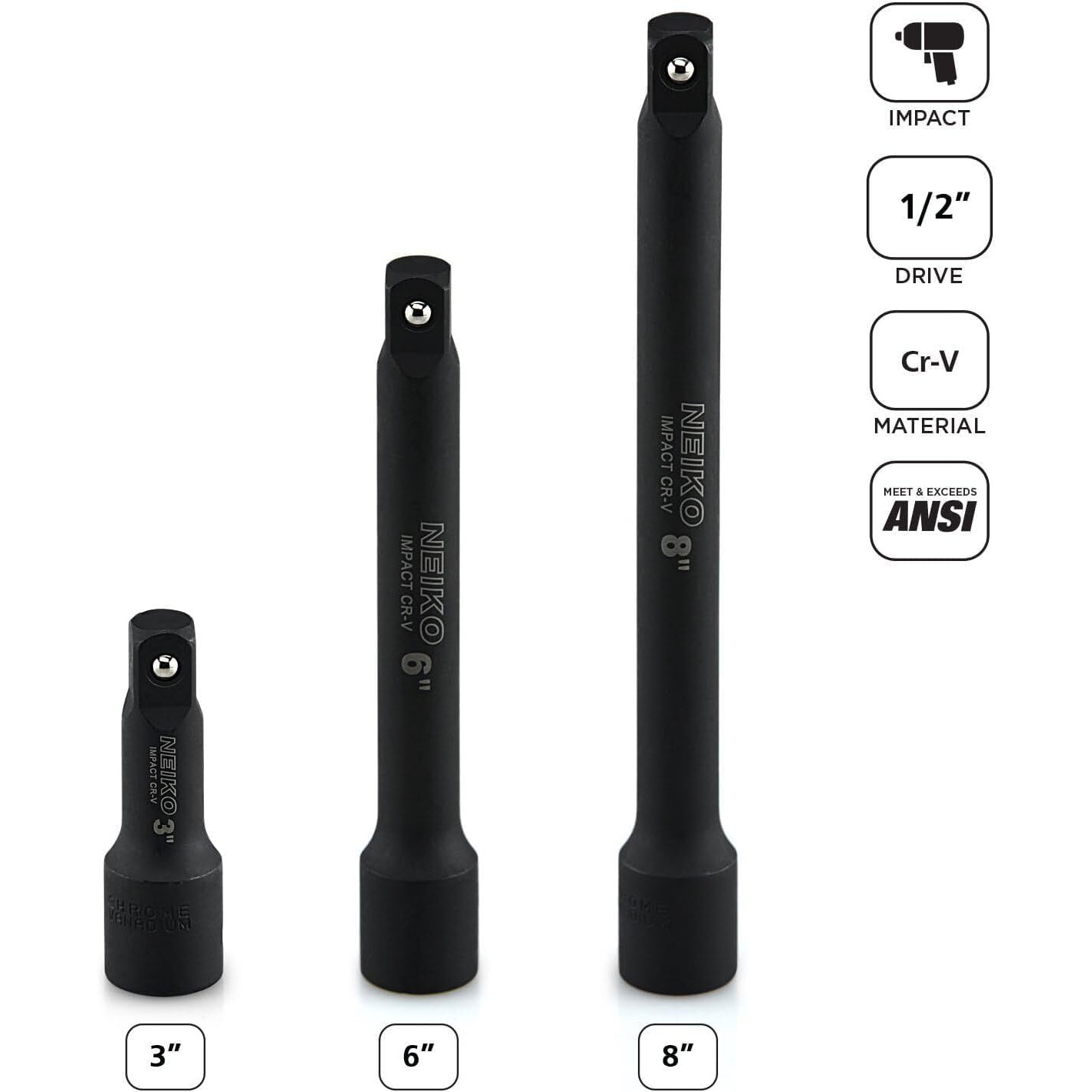 Neiko 00237A 1/2-Inch-Drive Impact Extension-Bar Set, Made With Crv Steel, 3-Inch, 6-Inch, And 8-Inch Sizes, 3-Piece Set