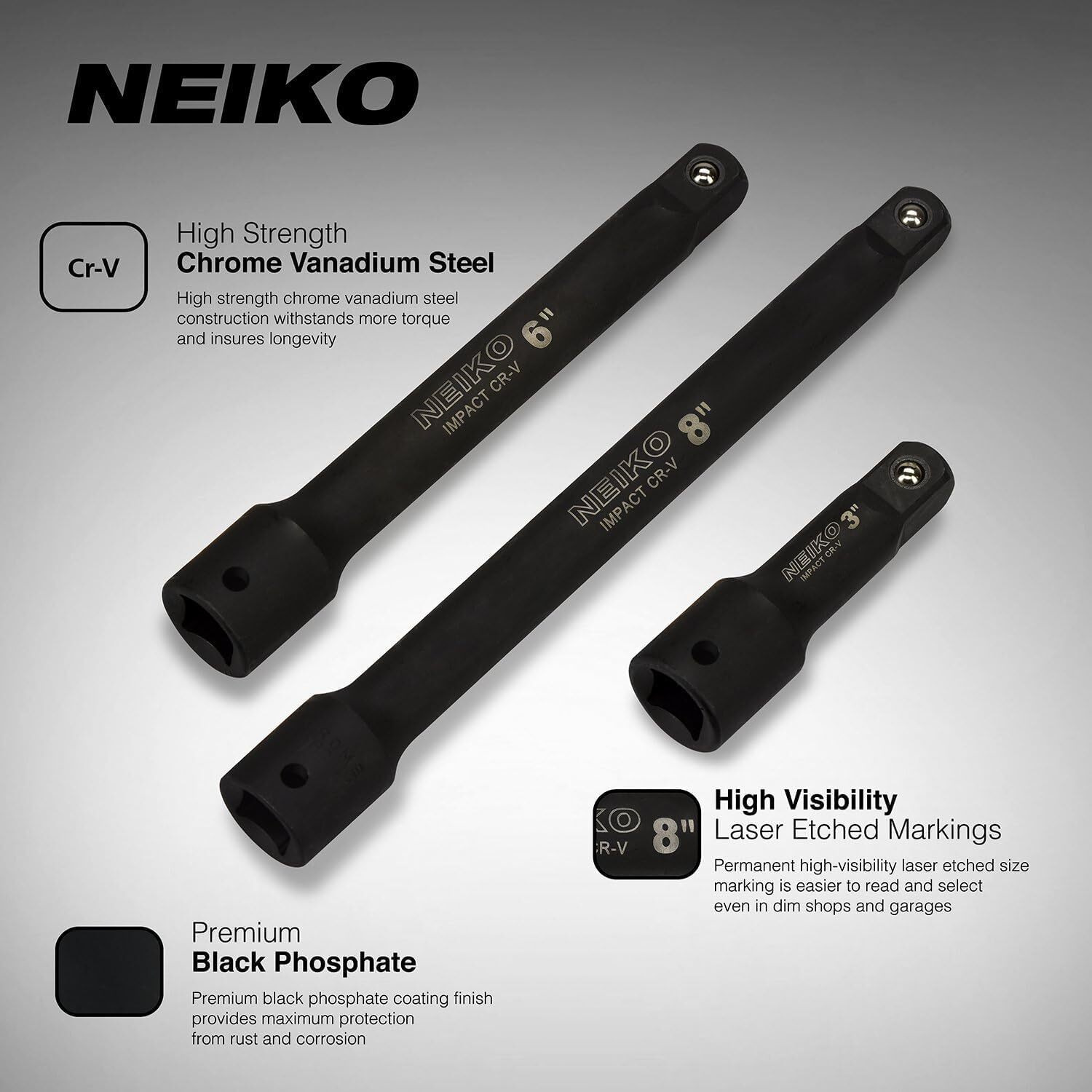Neiko 00237A 1/2-Inch-Drive Impact Extension-Bar Set, Made With Crv Steel, 3-Inch, 6-Inch, And 8-Inch Sizes, 3-Piece Set