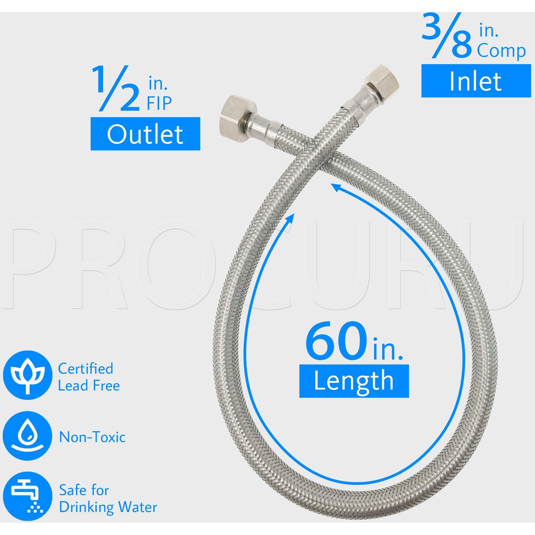 [2-Pack] Procuru 60"" Length X 3/8"" Comp X 1/2"" Fip Faucet Hose Connector, Stainless Steel Braided Supply Line (9Sf60-2P)
