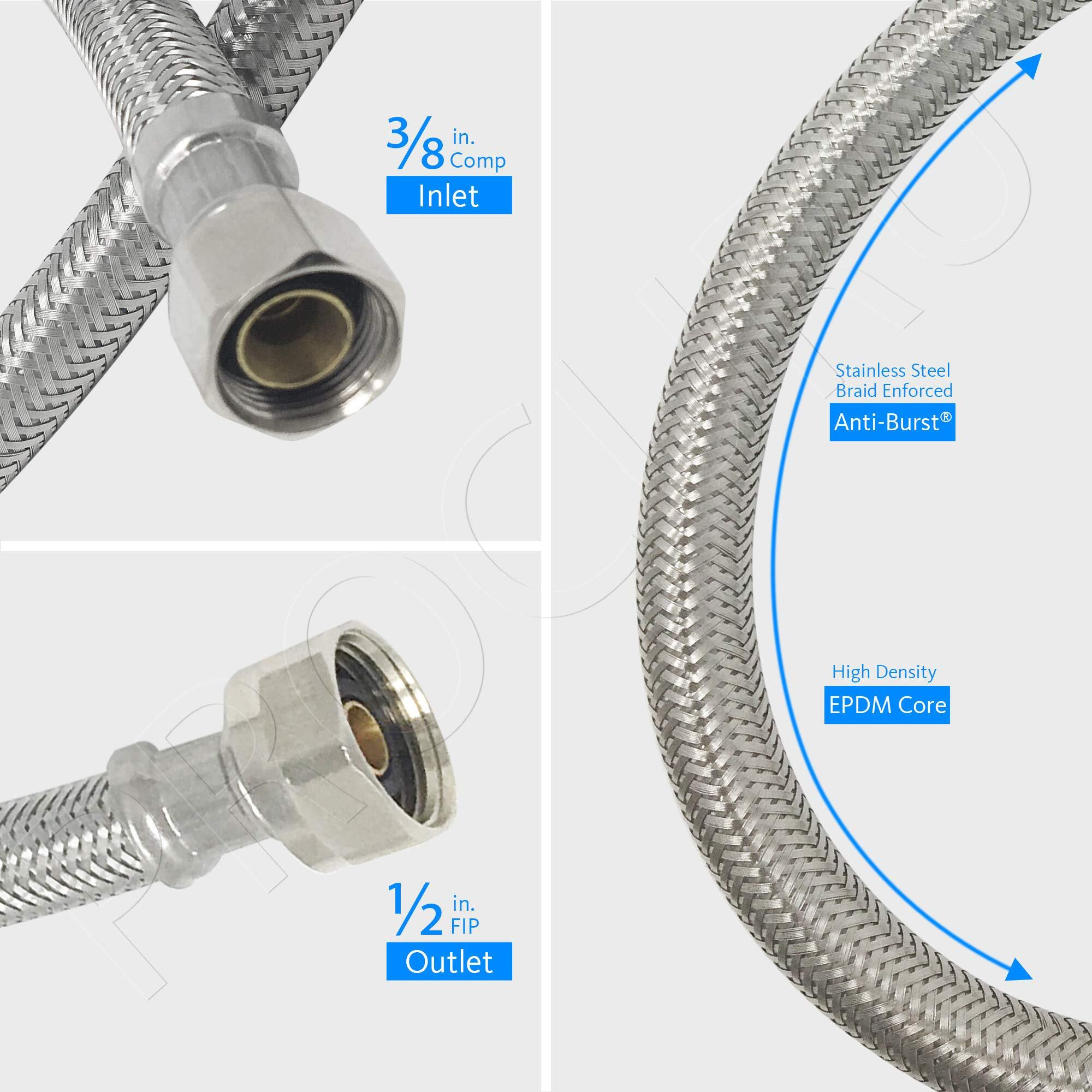[2-Pack] Procuru 60"" Length X 3/8"" Comp X 1/2"" Fip Faucet Hose Connector, Stainless Steel Braided Supply Line (9Sf60-2P)