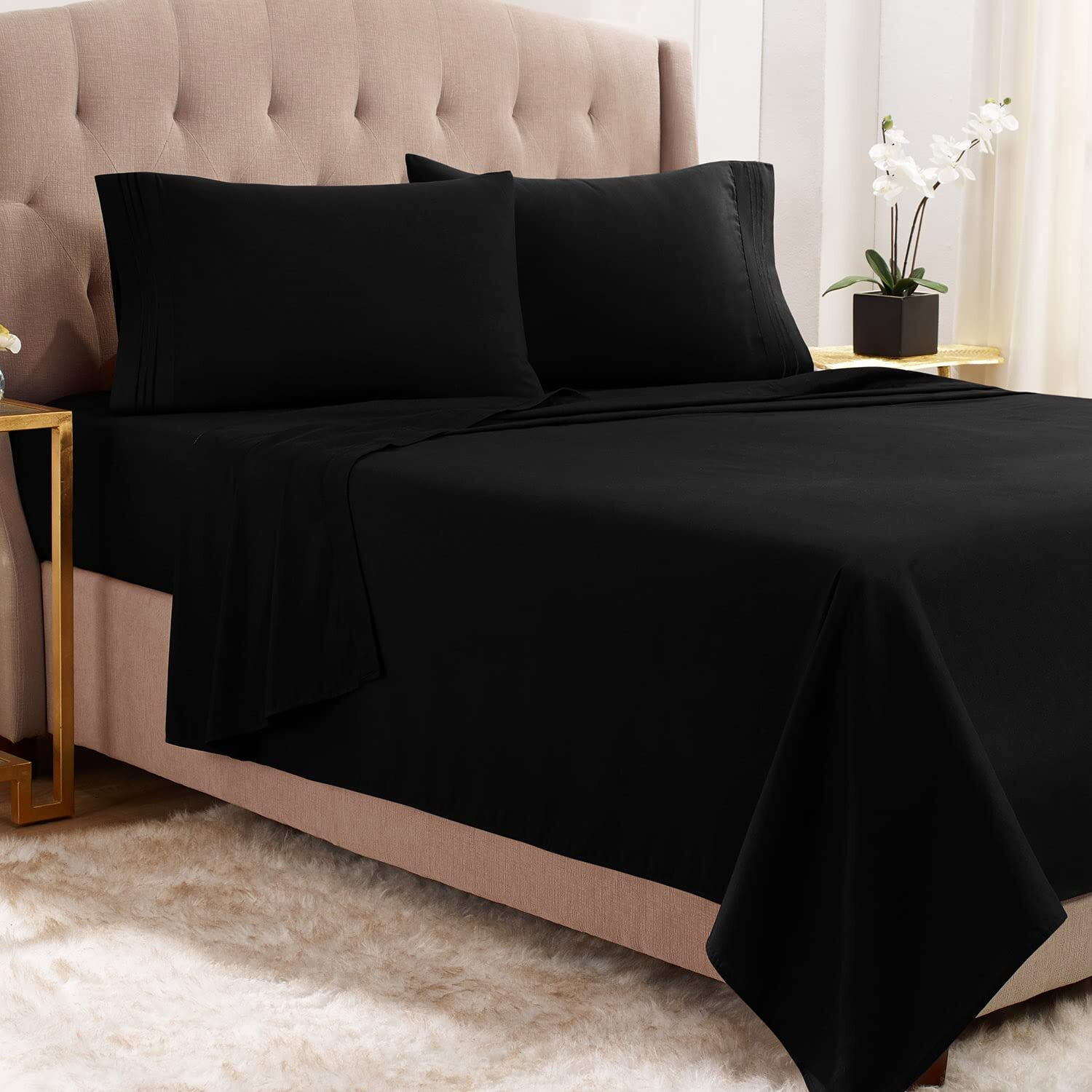 Empyrean Queen Sheets - 4 Pc Super Soft Bed Sheets Queen Size - Double Brushed Microfiber Queen Size Sheets - Hotel Luxury Black Queen Bed Sheets Set, With 4 Corner Elastic Straps