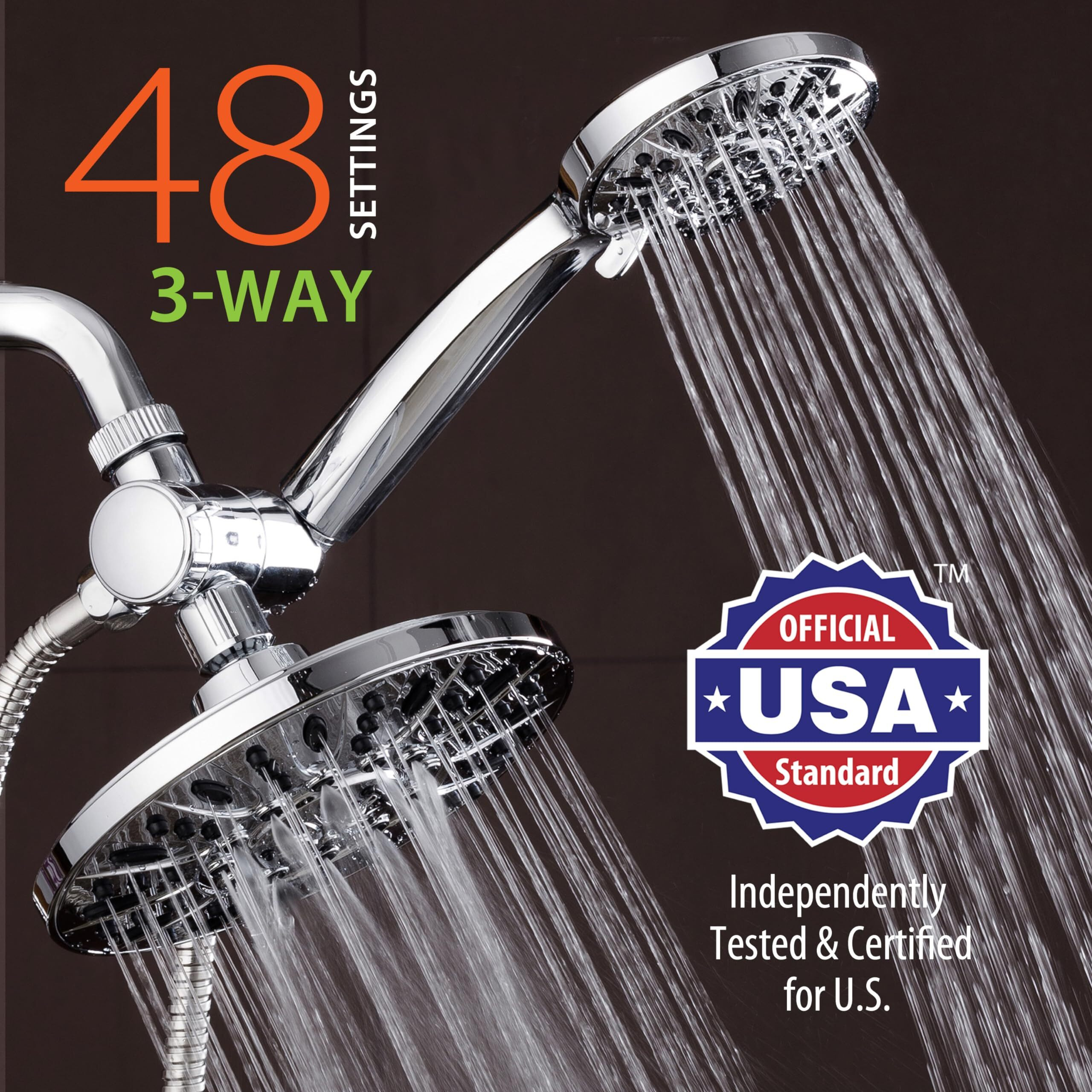 Aquadance 7"" Premium High Pressure 3-Way Rainfall Combo For The Best Of Both Worlds - Enjoy Luxurious Rain Showerhead And 6-Setting Hand Held Shower Separately Or Together - Chrome Finish - 3328