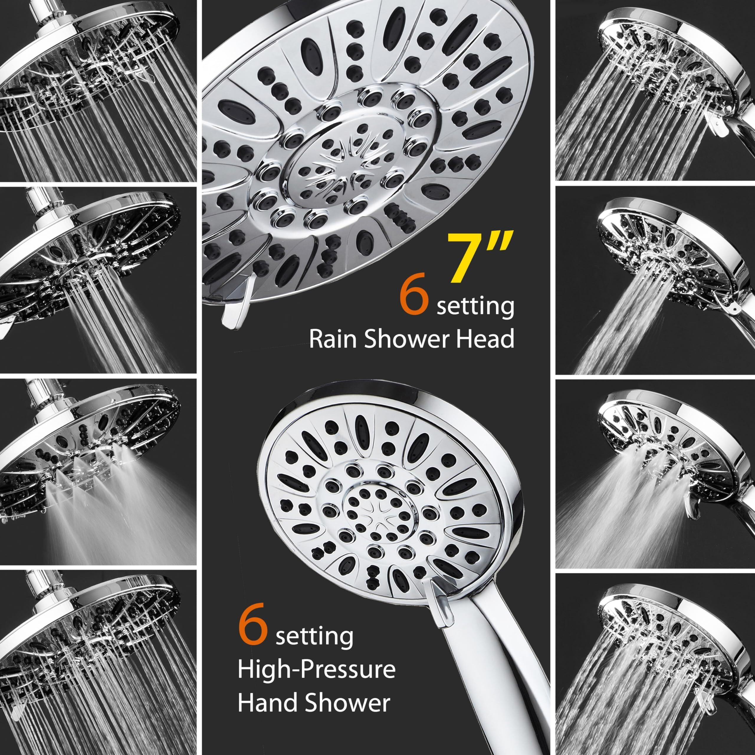 Aquadance 7"" Premium High Pressure 3-Way Rainfall Combo For The Best Of Both Worlds - Enjoy Luxurious Rain Showerhead And 6-Setting Hand Held Shower Separately Or Together - Chrome Finish - 3328