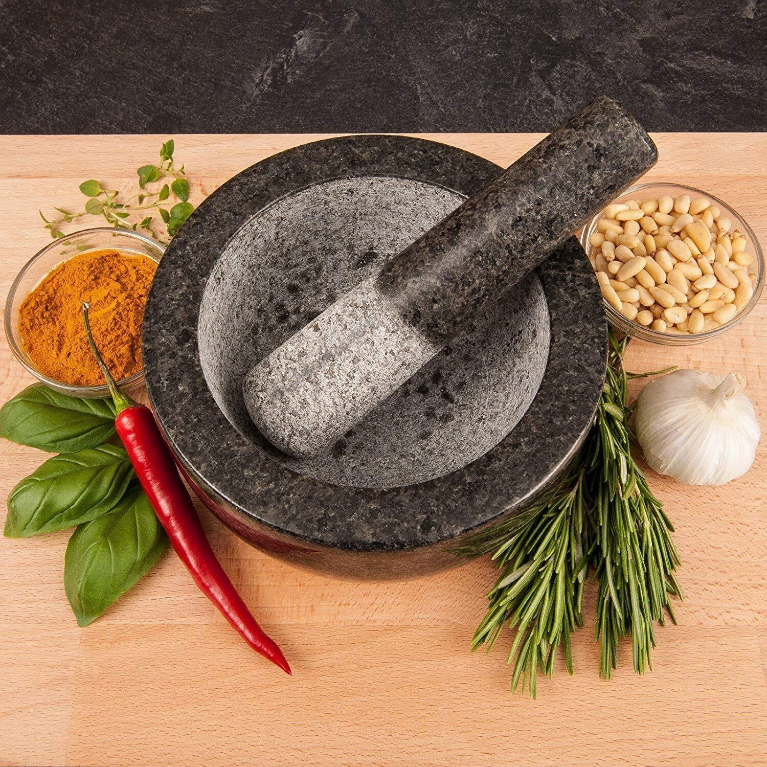 Kota Japan Large Black Granite Mortar & Pestle Natural Stone Grinder For Spices, Seasonings, Pastes, Pestos And Guacamole