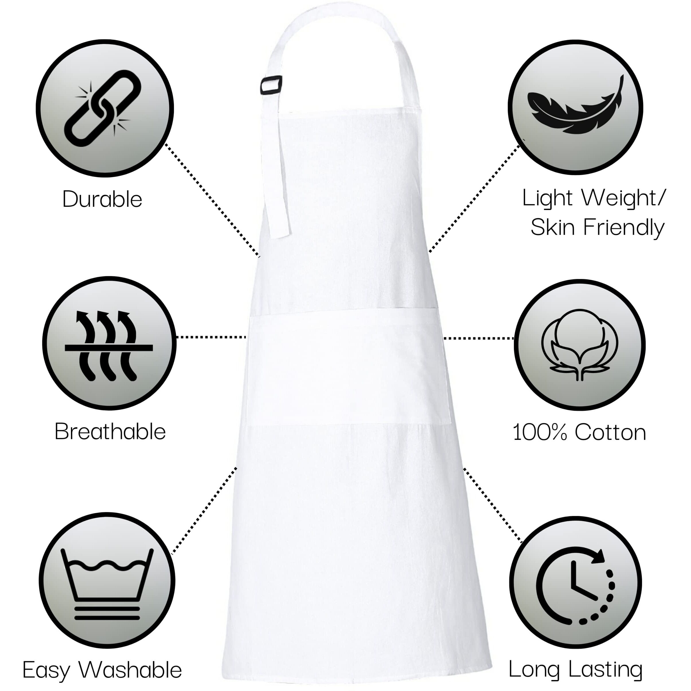 Rajrang 100% Cotton White Apron With 3 Pockets Chef Restaurant Kitchen Bbq Backing Cooking Painting And Crafting Aprons Pack Of 5