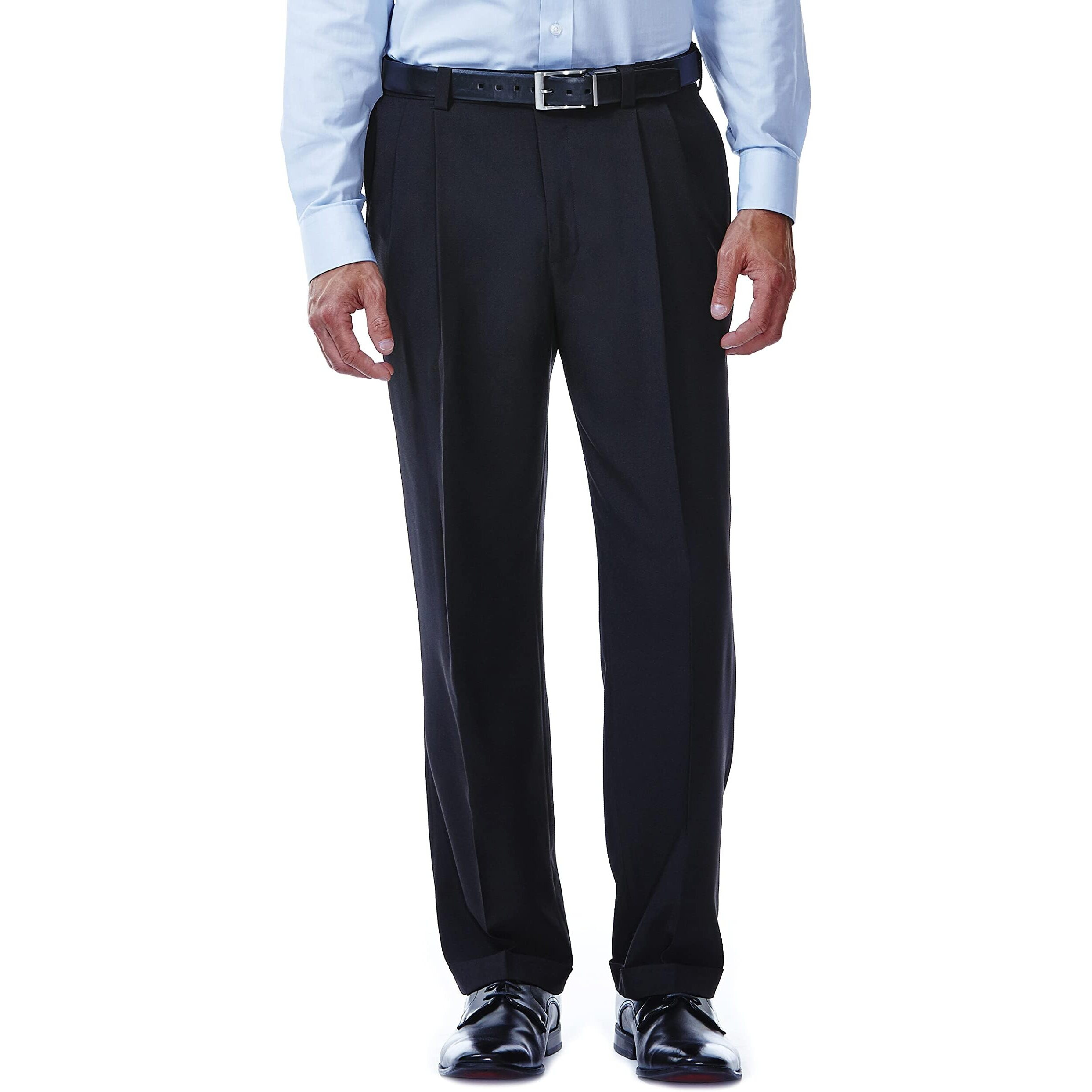 Haggar Mens Eclo Stria Expandable-Waist Pleat-Front Dress Pants, Black, 42W X 30L Us