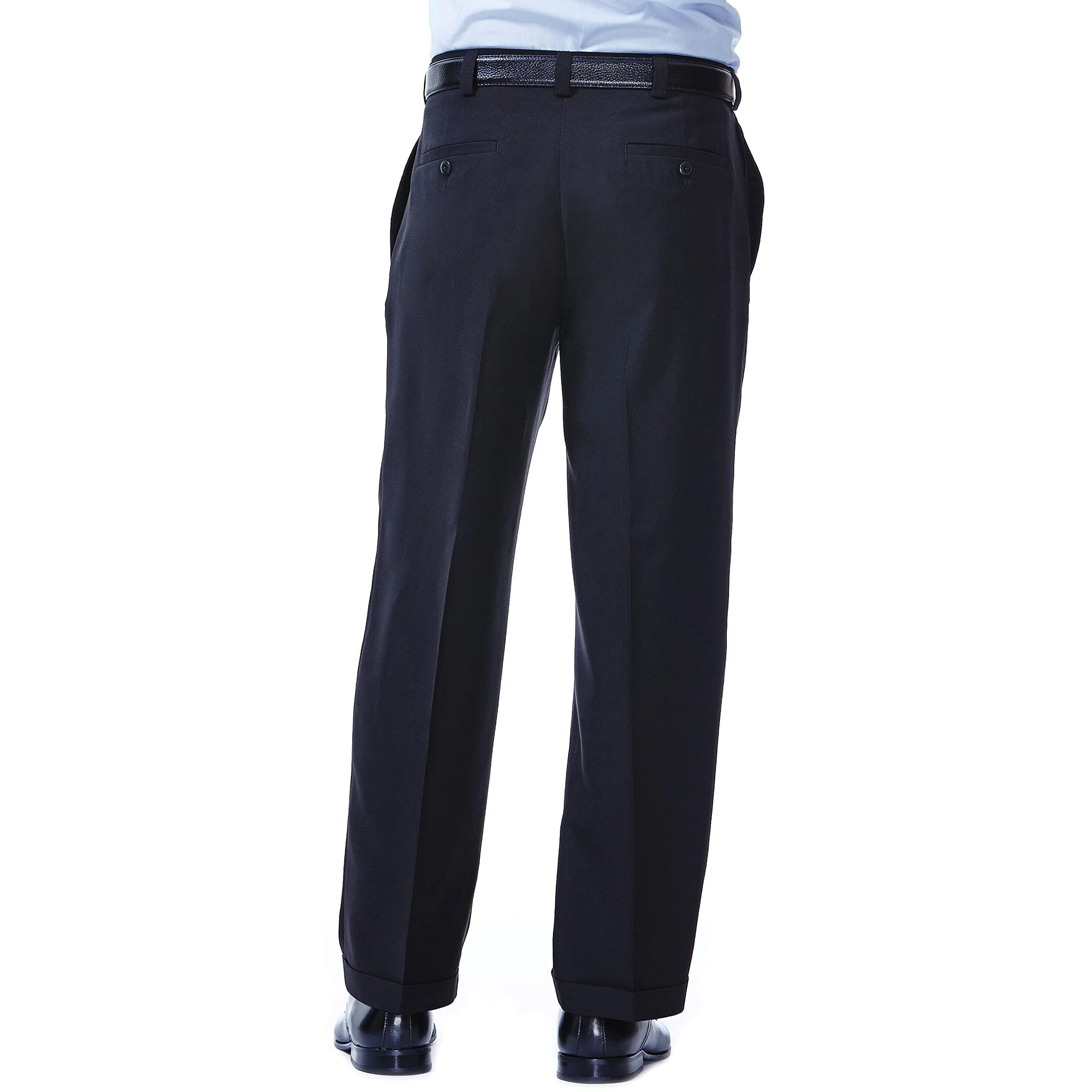 Haggar Mens Eclo Stria Expandable-Waist Pleat-Front Dress Pants, Black, 42W X 30L Us
