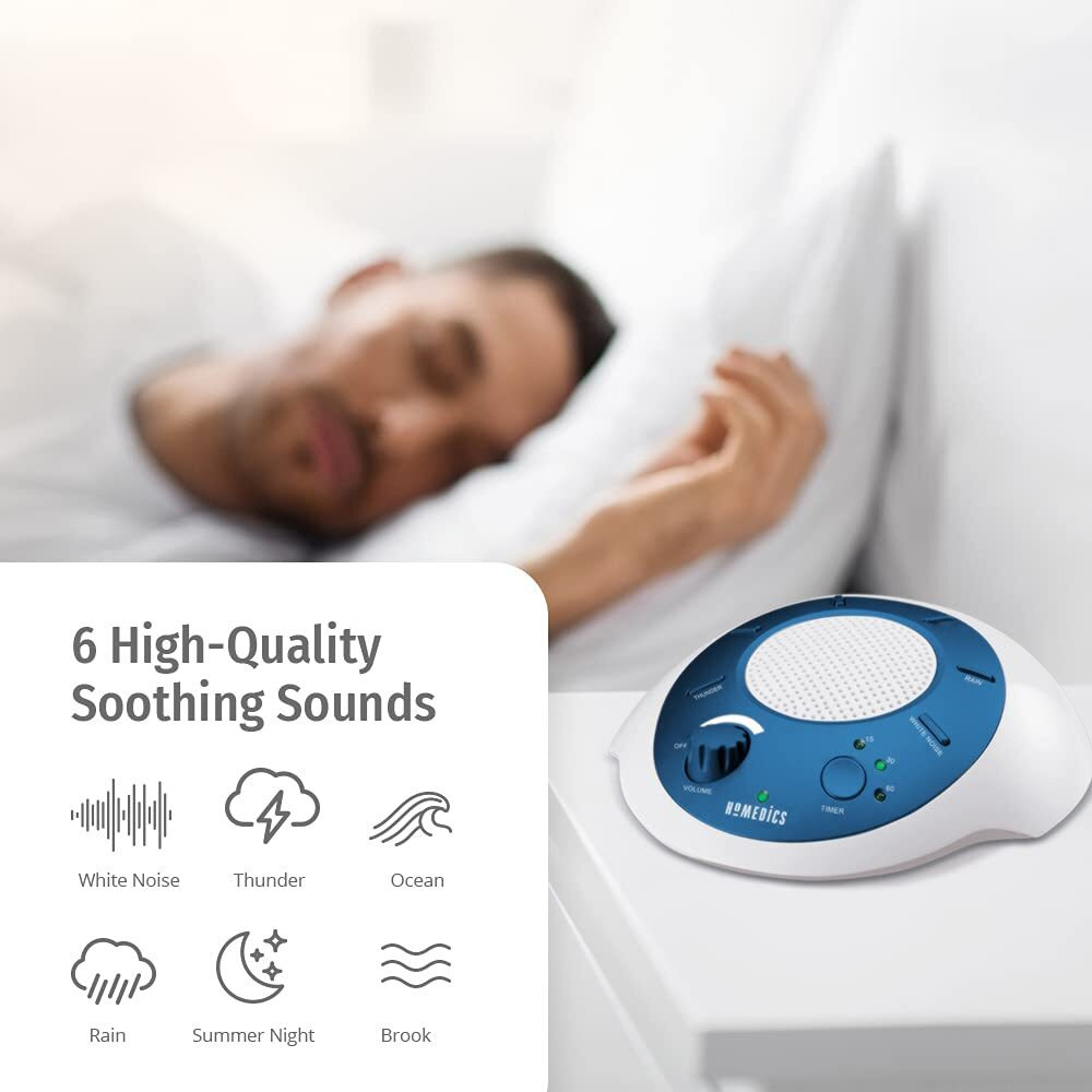 Homedics Soundsleep White Noise Sound Machine, Blue, Small Travel Sound Machine With 6 Relaxing Nature Sounds, Portable Sound Therapy For Home, Office, Nursery, Auto-Off Timer, By Homedics