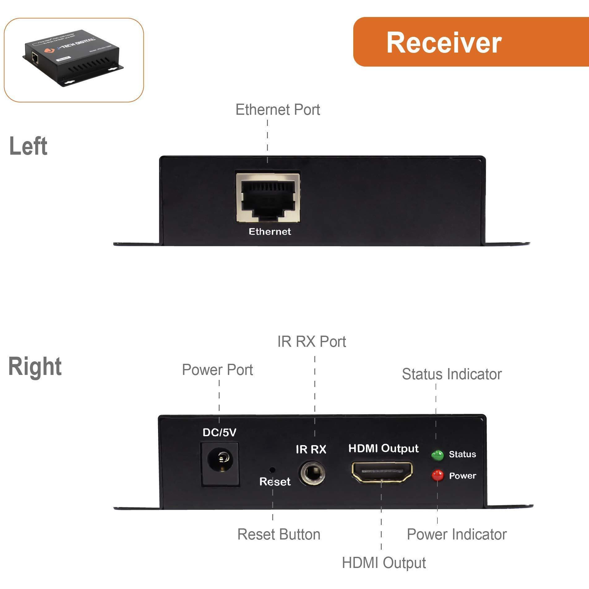 J-Tech Digital Hdmi Extender Over Single Cat5E/6/7 Hdmi Over Ethernet 1080P With Ir Extension - Up To 400Ft [Tx + Rx]