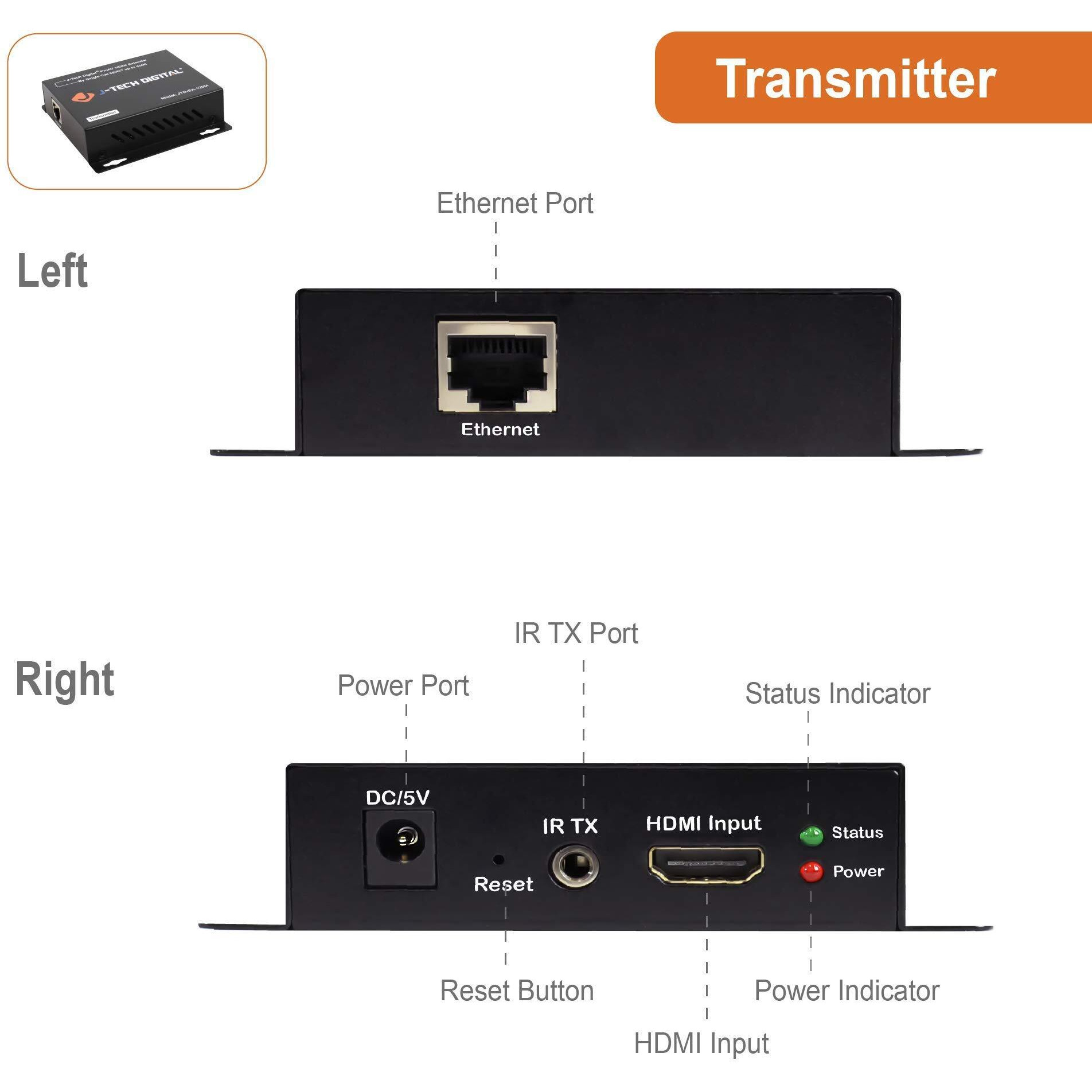 J-Tech Digital Hdmi Extender Over Single Cat5E/6/7 Hdmi Over Ethernet 1080P With Ir Extension - Up To 400Ft [Tx + Rx]