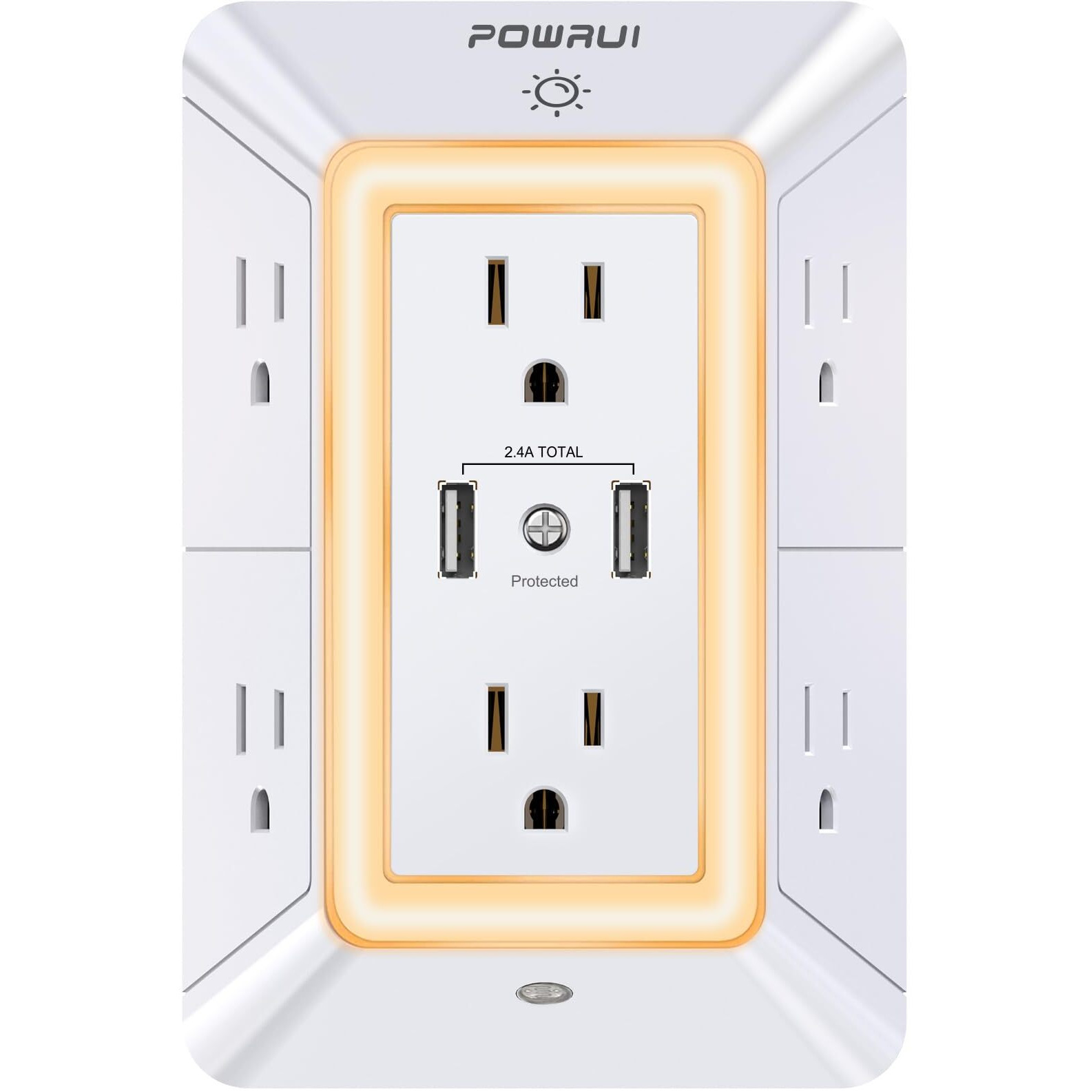 Usb Wall Charger, Surge Protector, Powrui 6-Outlet Extender With 2 Usb Charging Ports (2.4A Total) And Night Light, 3-Sided Power Strip With Adapter Spaced Outlets - White,Etl Listed