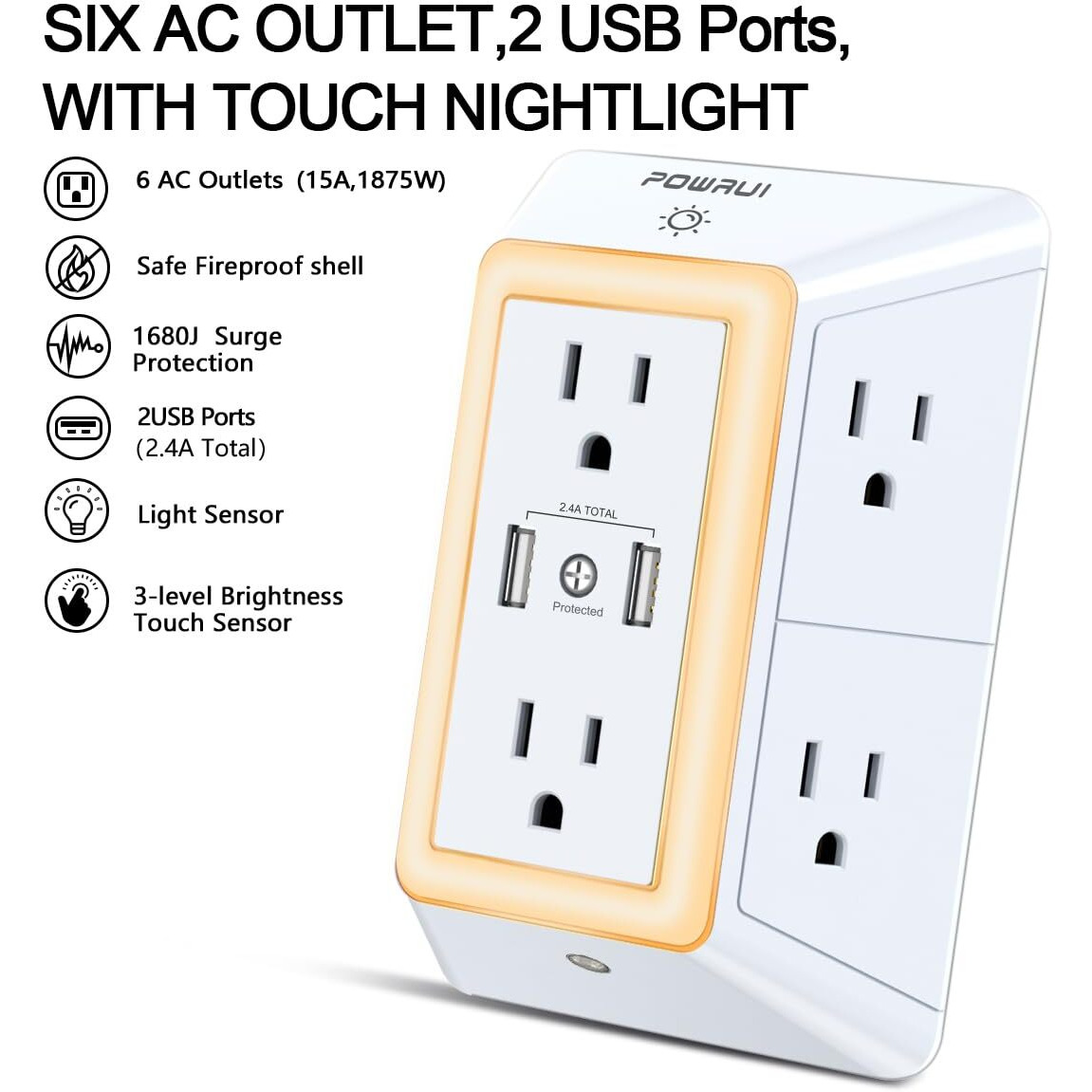 Usb Wall Charger, Surge Protector, Powrui 6-Outlet Extender With 2 Usb Charging Ports (2.4A Total) And Night Light, 3-Sided Power Strip With Adapter Spaced Outlets - White,Etl Listed