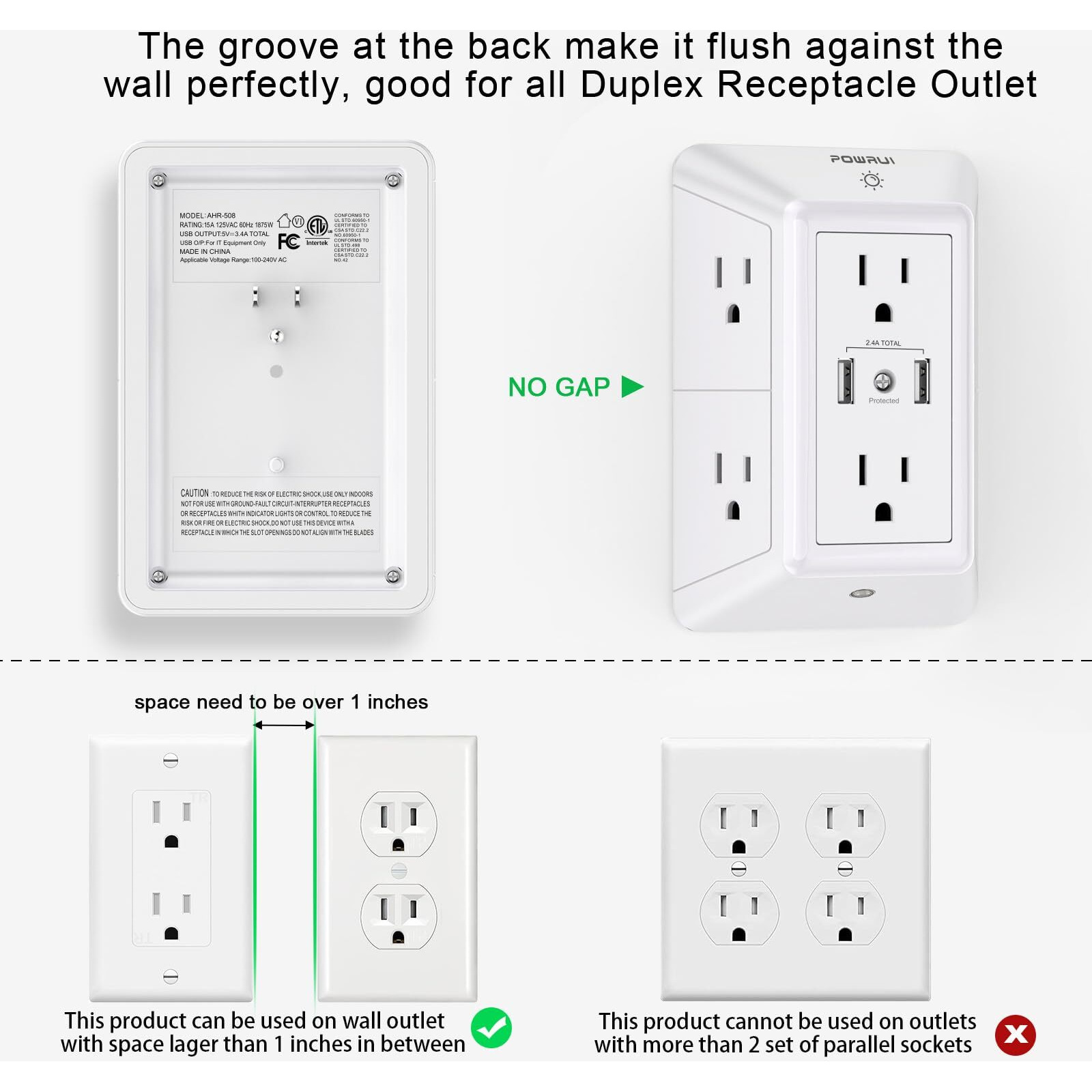Usb Wall Charger, Surge Protector, Powrui 6-Outlet Extender With 2 Usb Charging Ports (2.4A Total) And Night Light, 3-Sided Power Strip With Adapter Spaced Outlets - White,Etl Listed