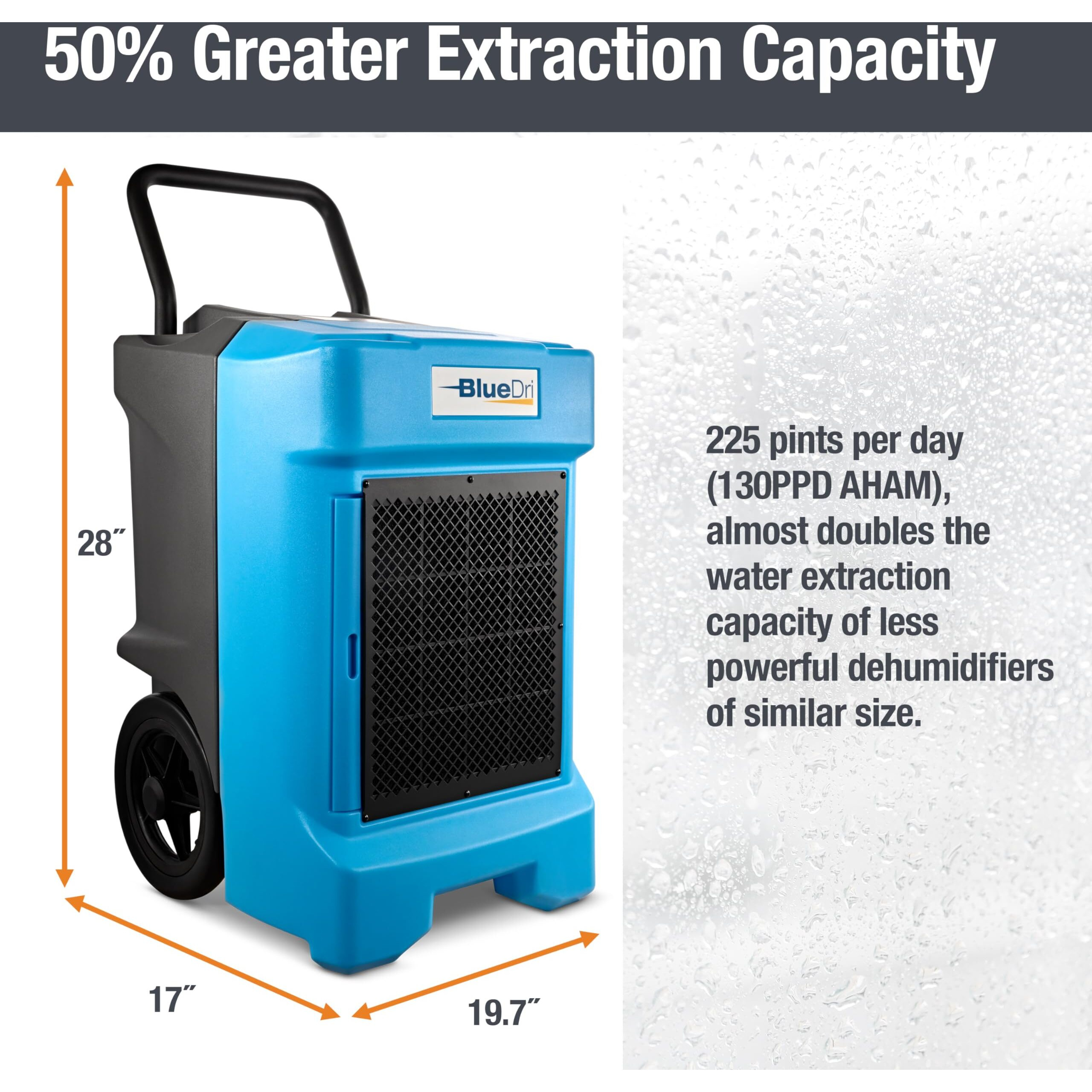 Bluedri Bd-Bd-130-Bl Industrial Commercial Dehumidifier With Hose For Basements In Homes And Job Sites, Blue