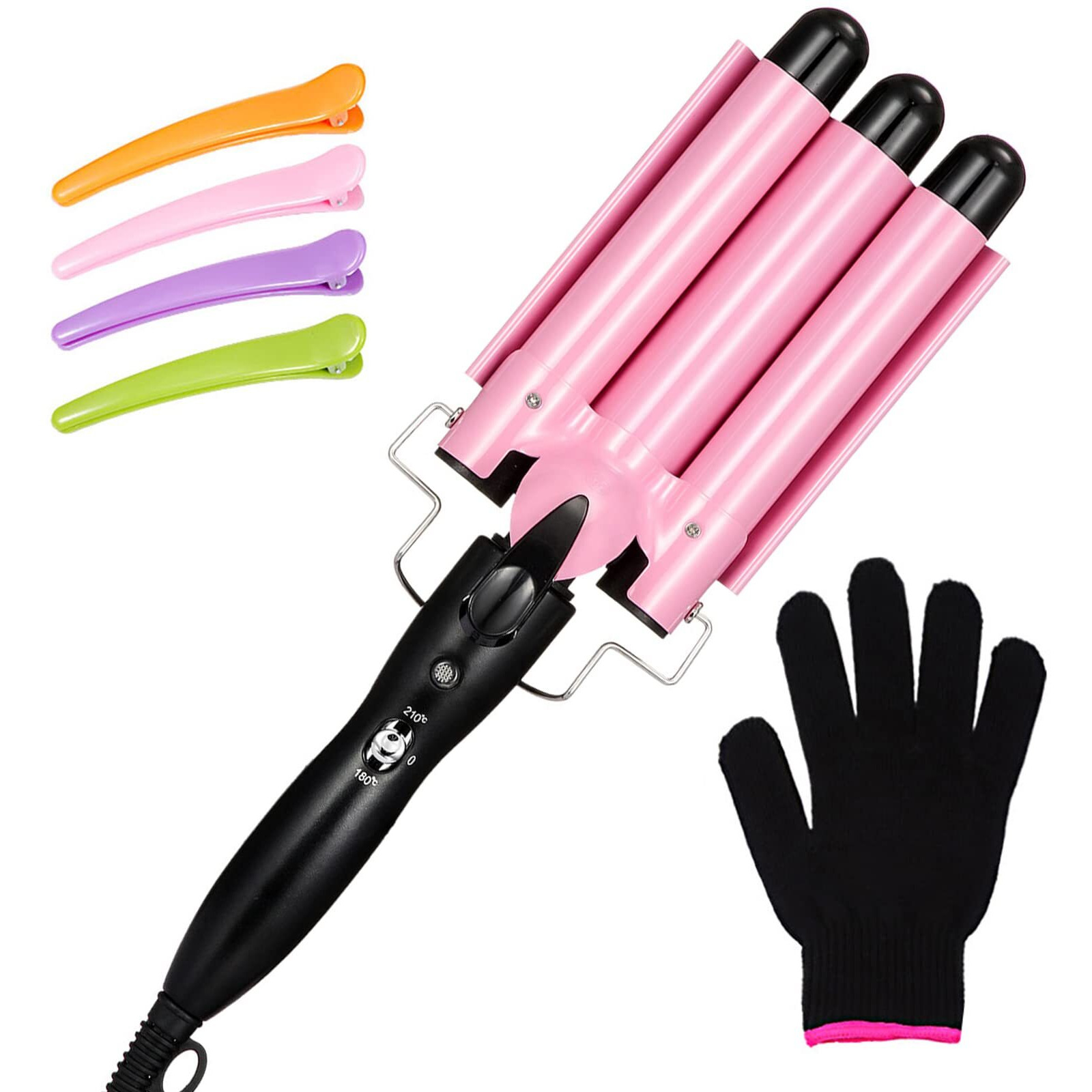 Willbond 3 Barrel Curling Iron Wand Hair Waver With Two Temperature Control, 25Mm(1 Inch), Lcd Lights Indicate, Ceramic Professional Hair Curling Wand With 4 Pcs Hair Clips And Heat Resistant Glove